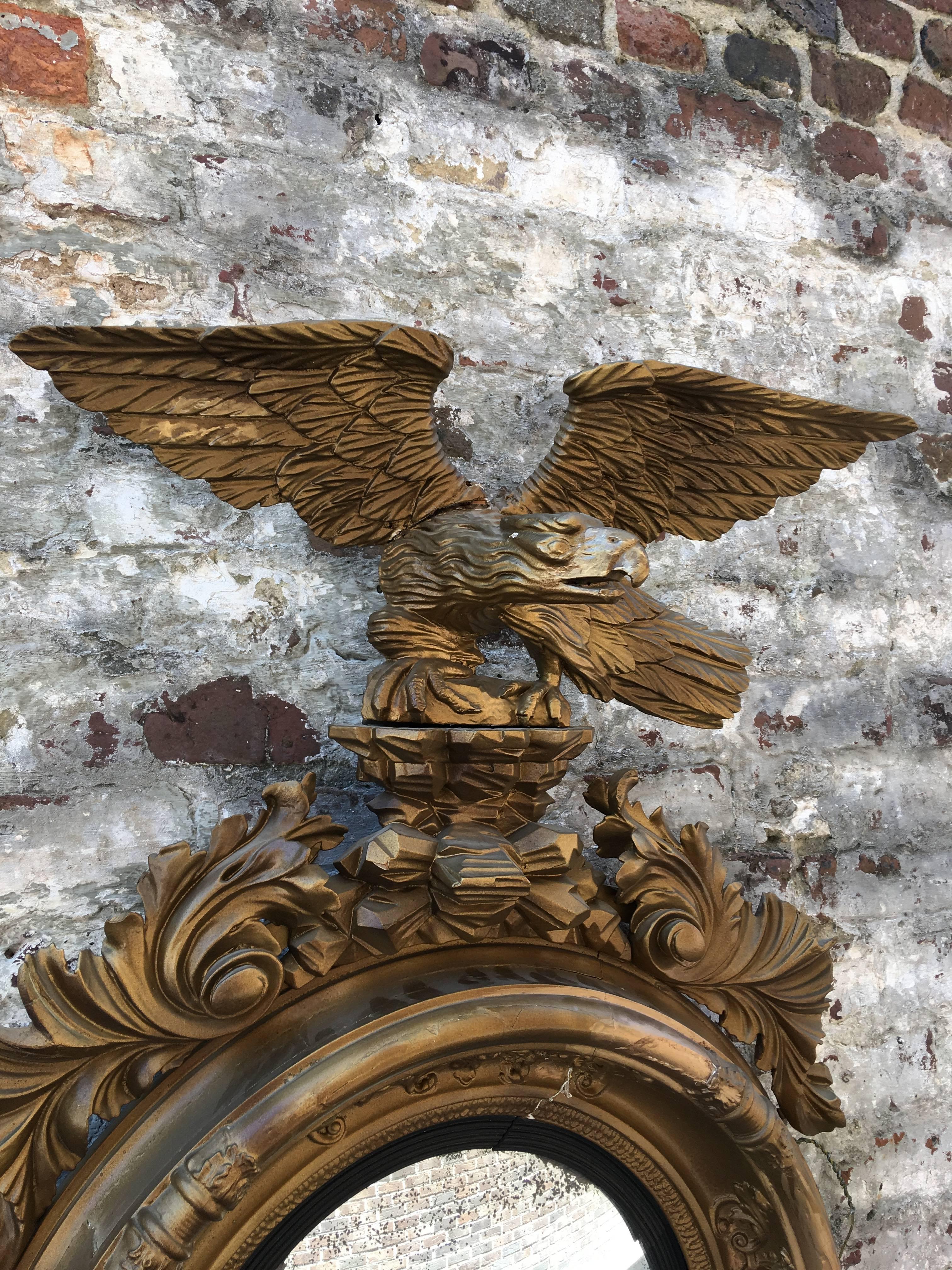 English Convex Mirror with Large Eagle and Candelabra Arms, circa 1850 In Excellent Condition In Charleston, SC