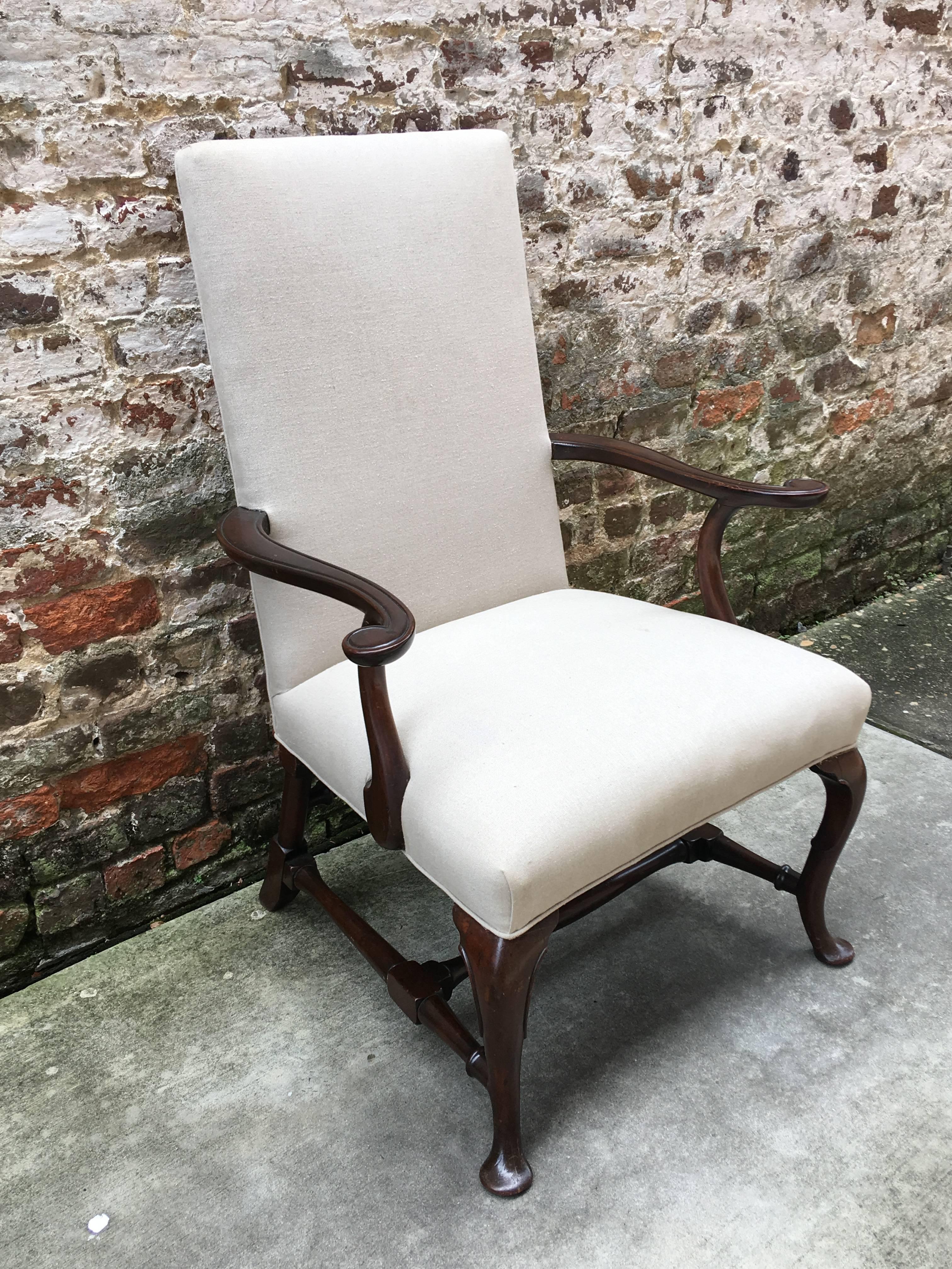 Queen Anne English Mahogany Armchair with Pad Foot and Turned Stretcher Base