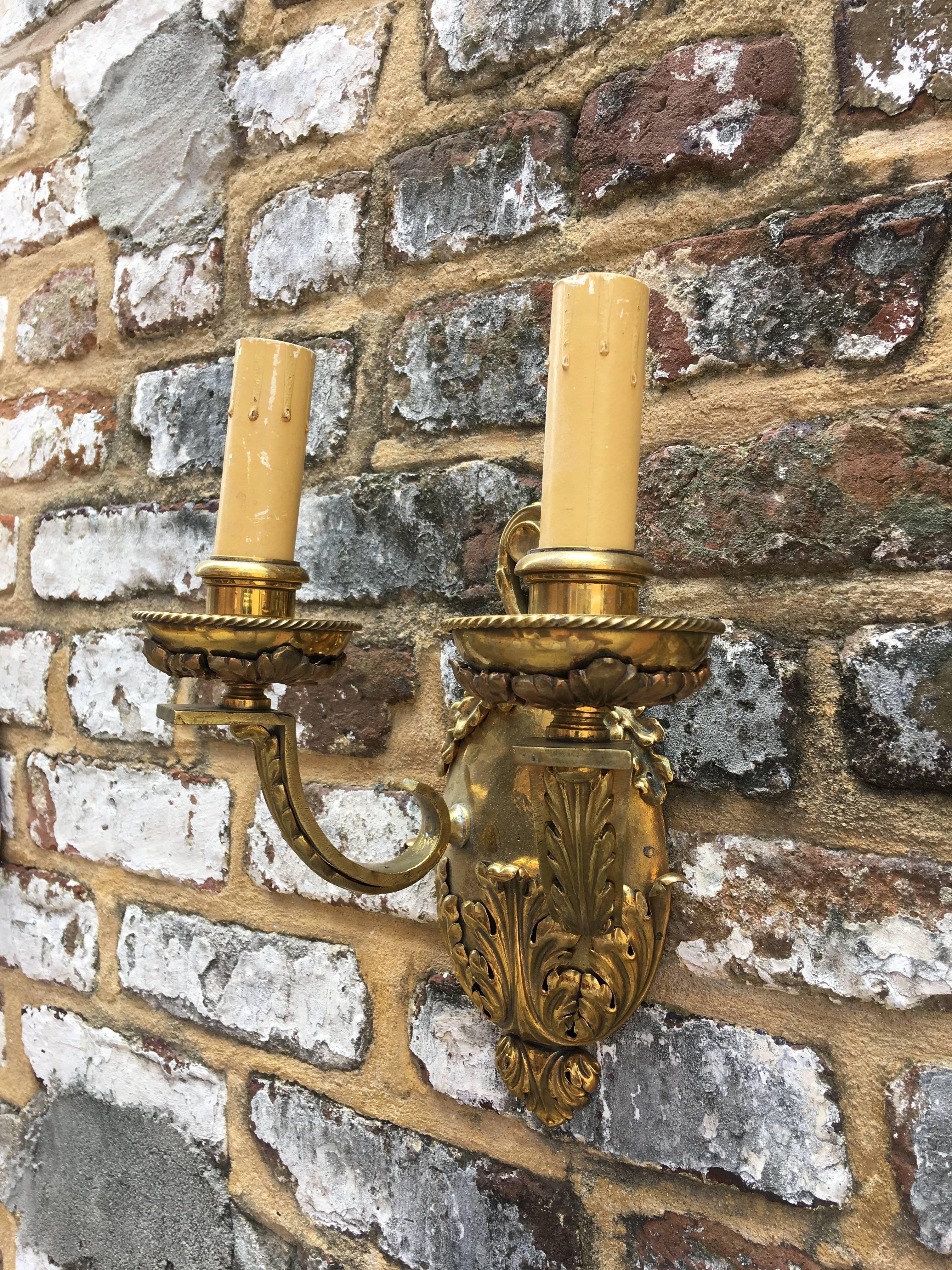European Pair of English Ornate Double Arm Brass Sconces For Sale