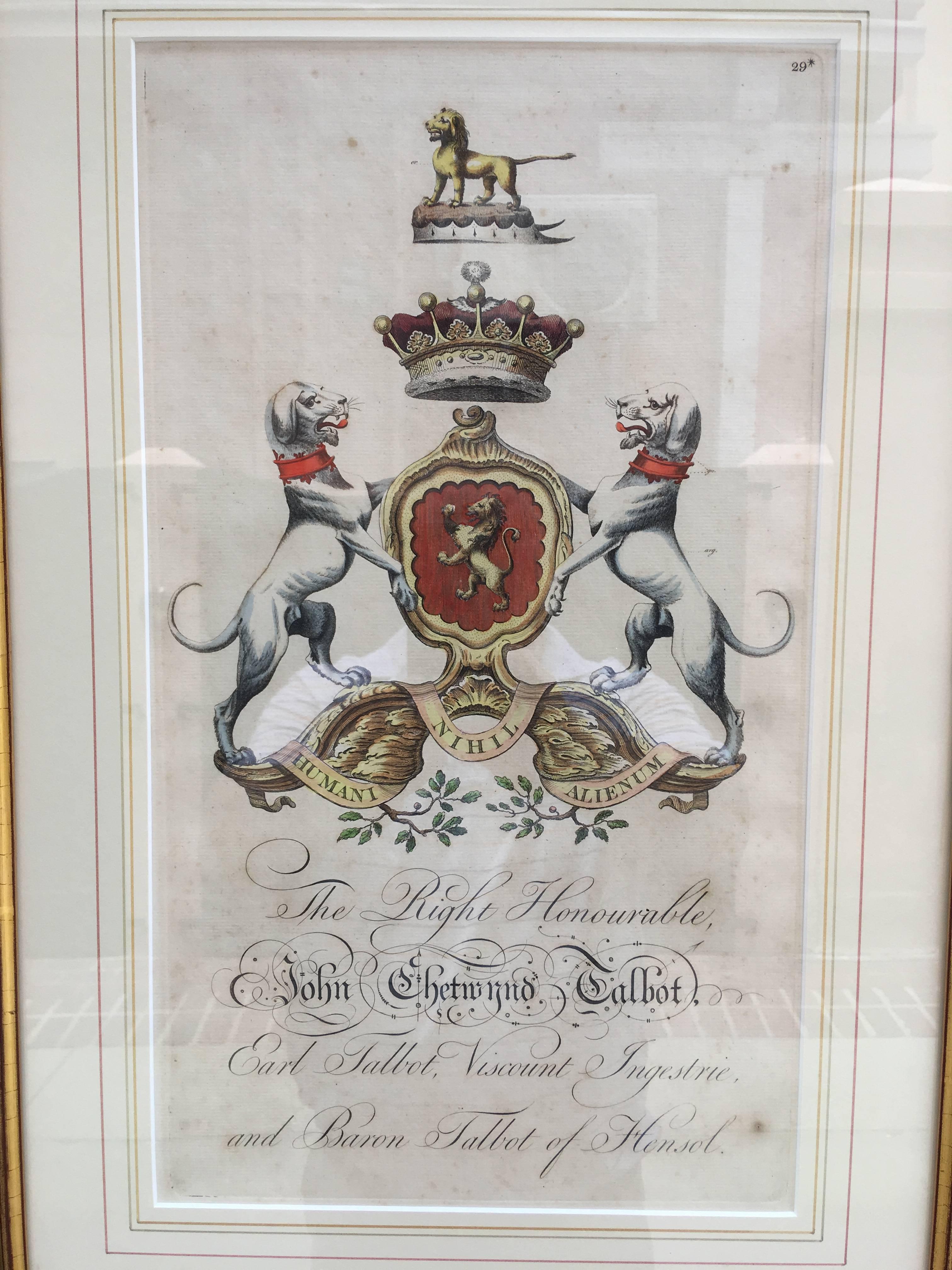 English coat of arms framed engravings from the late 19th century.