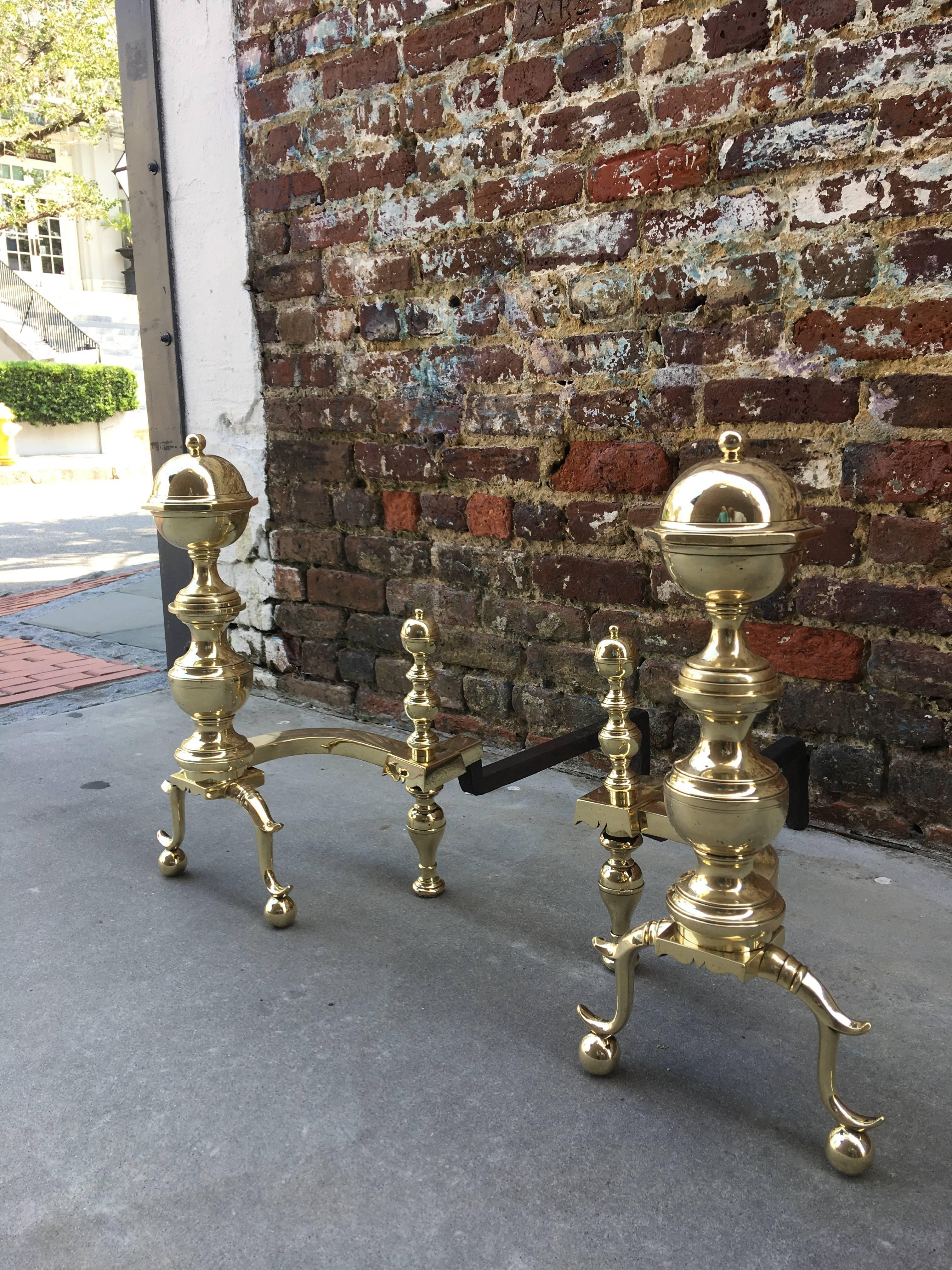 Pair of Brass Andirons with Large Log Stops, Mid-19th Century In Excellent Condition For Sale In Charleston, SC