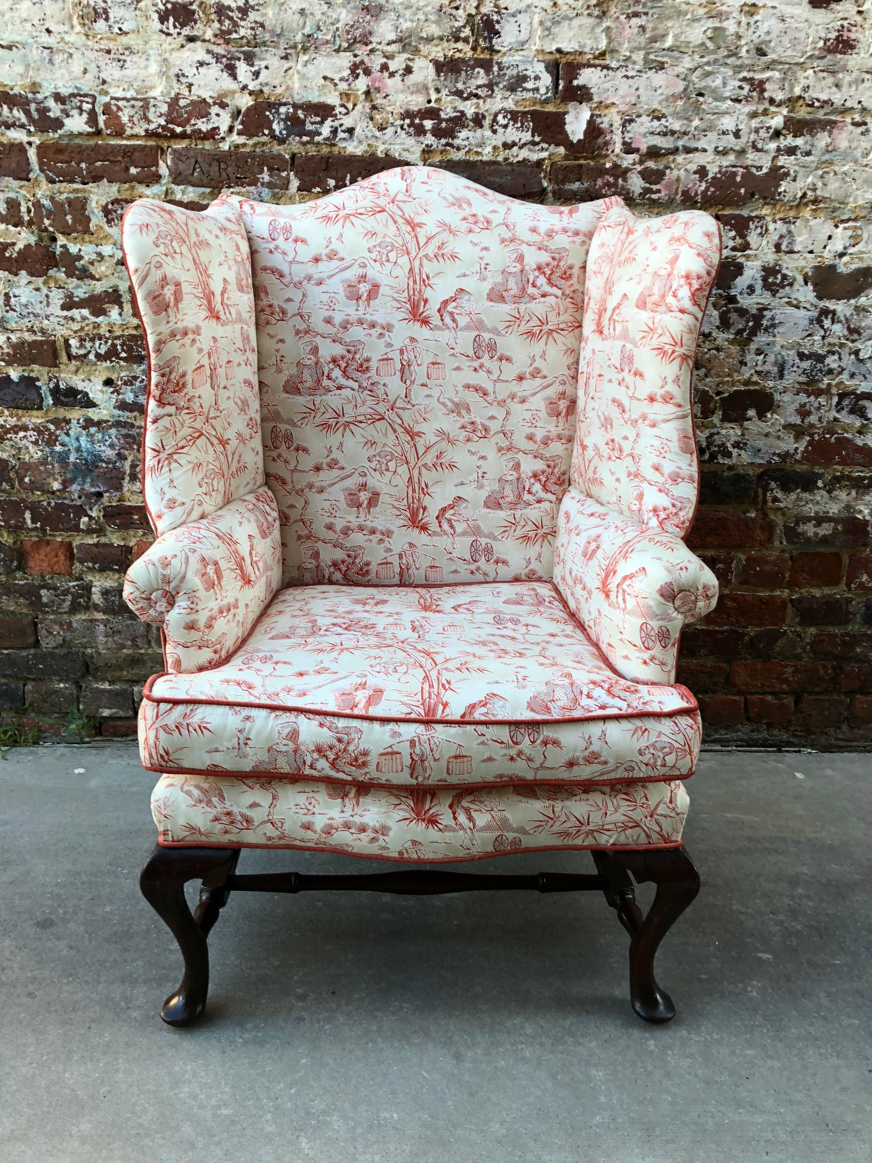 19th Century English Queen Anne Style Mahogany Wingback Chair