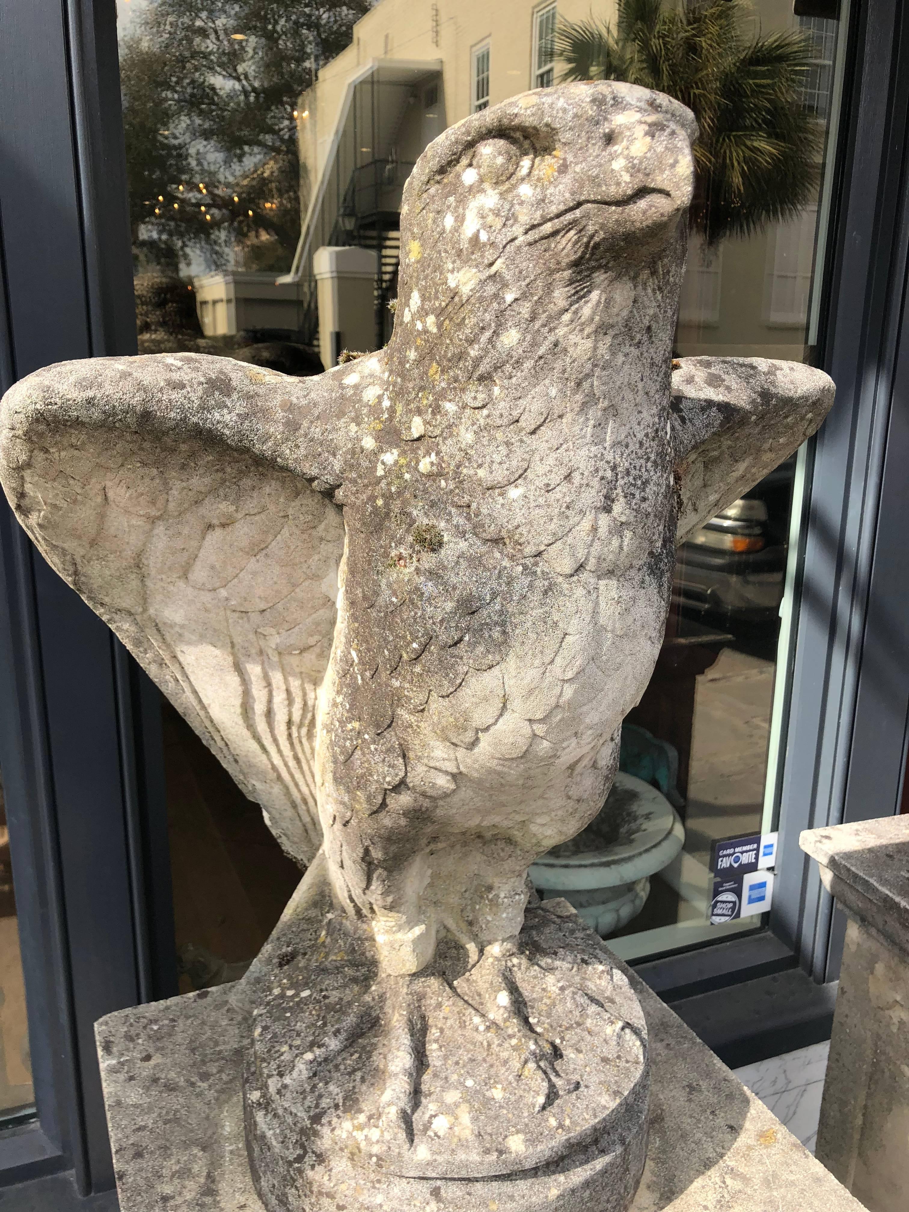 Pair of Late 19th Century Garden Stone Peregrine Falcons on Cast Pedestals 2