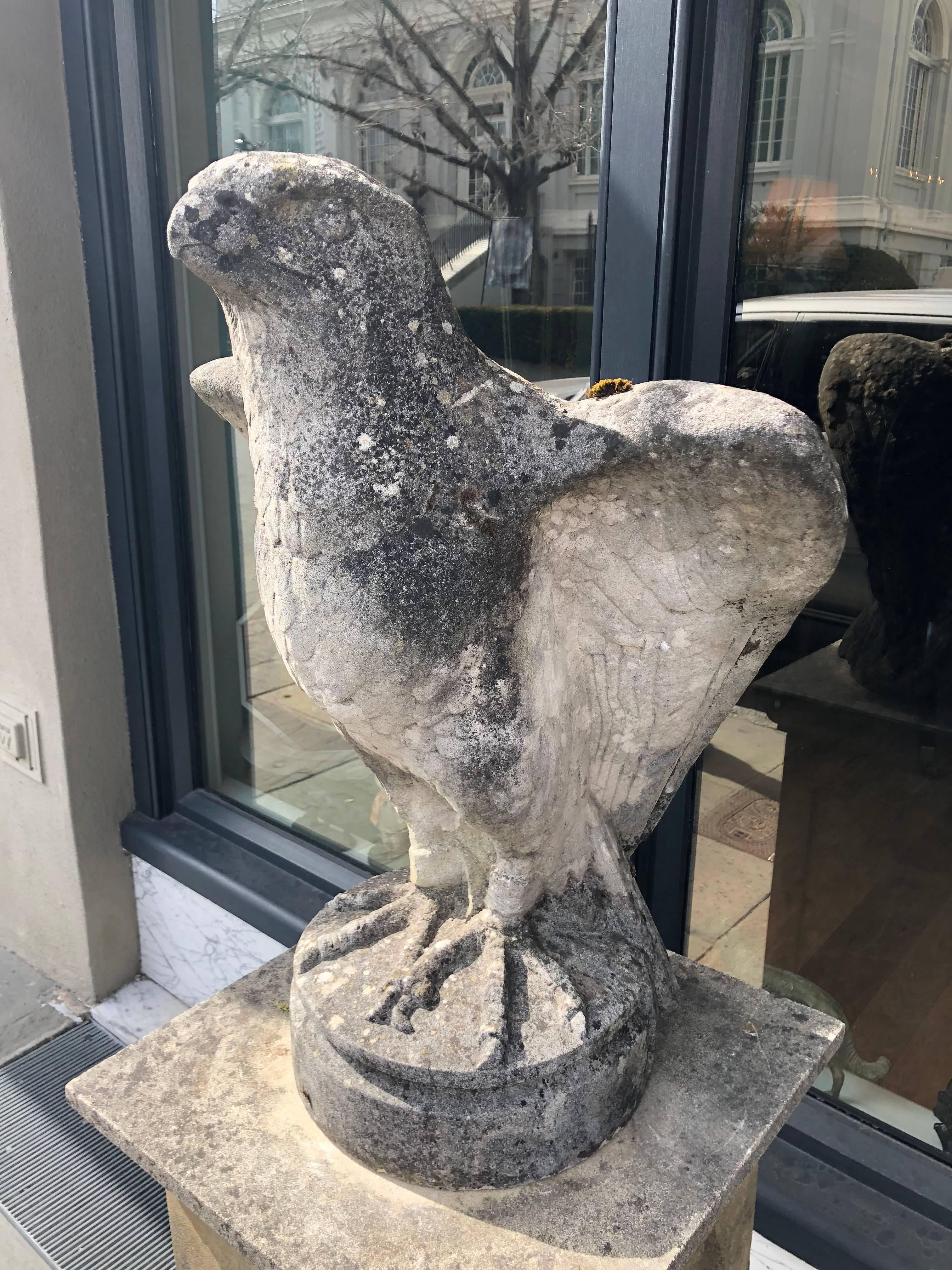 Pair of Late 19th Century Garden Stone Peregrine Falcons on Cast Pedestals In Excellent Condition In Charleston, SC