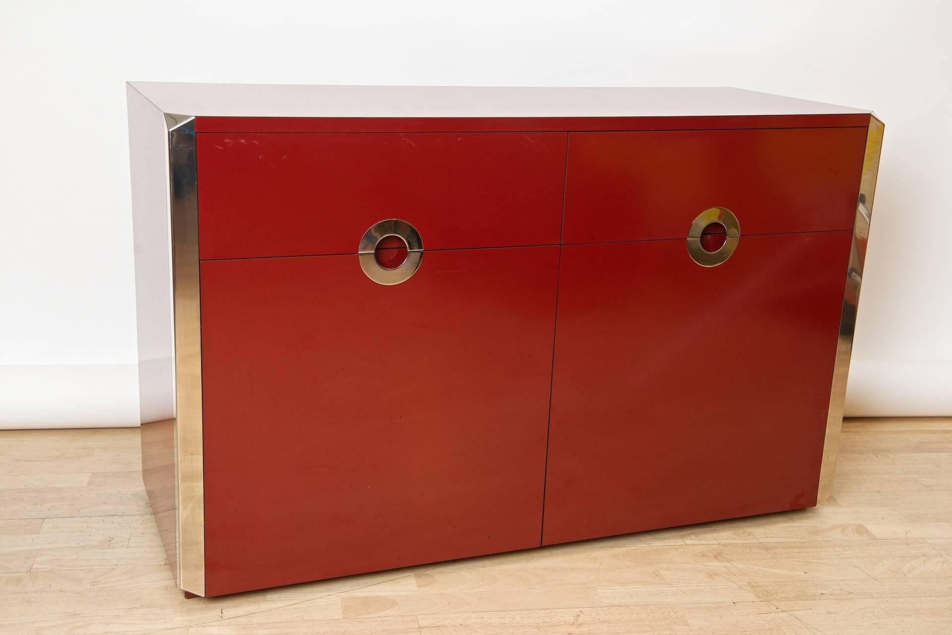 Willy Rizzo for Mario Sabot credenza in the difficult to find red.

Finished on back. Two doors, two drawers. Credenza retains original fridge.

  
