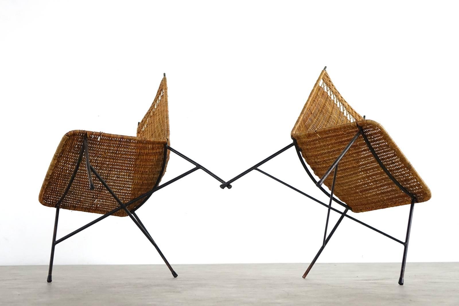 Nice Pair of Mid-Century Modern Wicker Basket Lounge Chairs from France 5