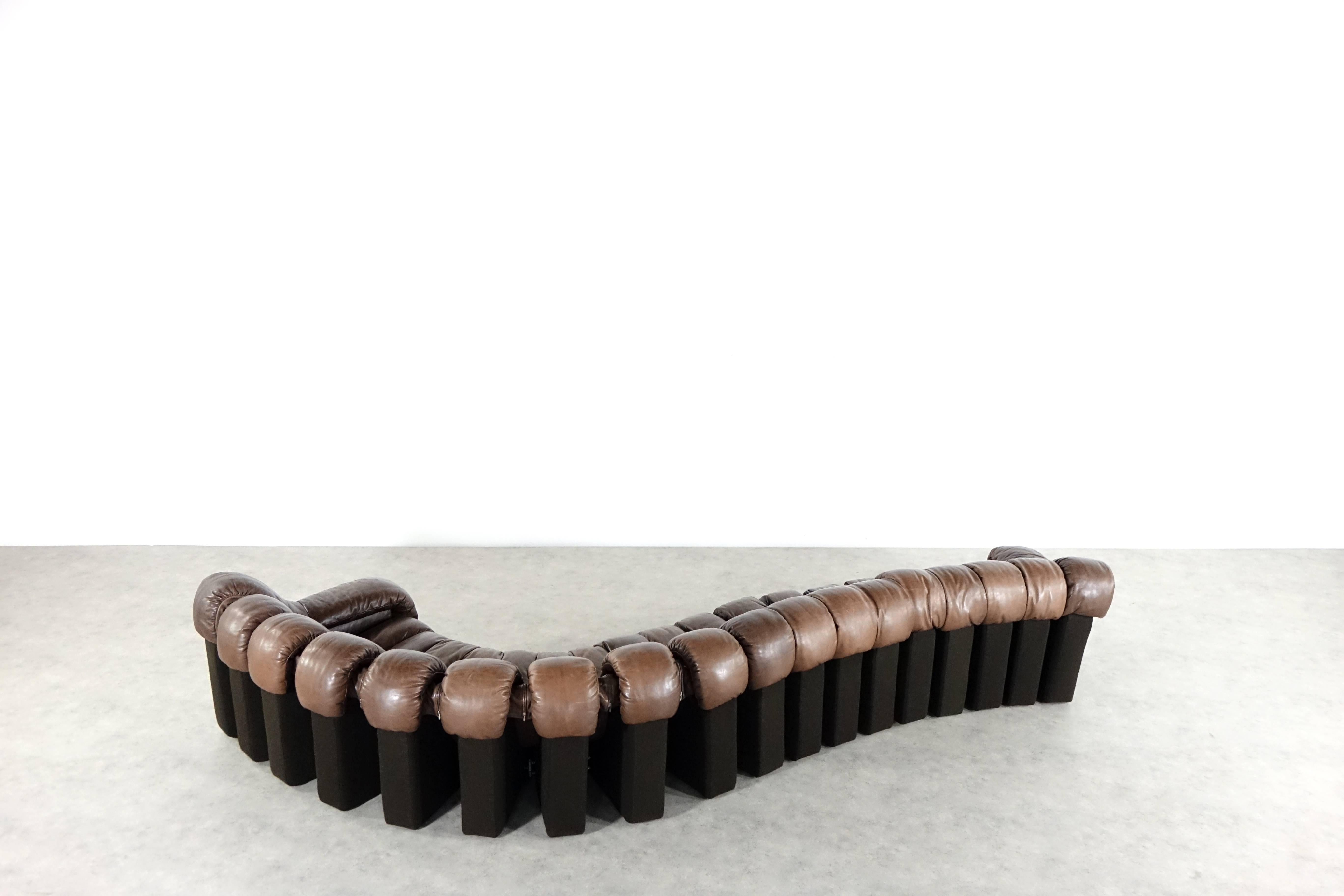 Swiss De Sede DS 600 Sofa by Ueli Berger and Riva 1972, Chocolate Leather 18 Elements