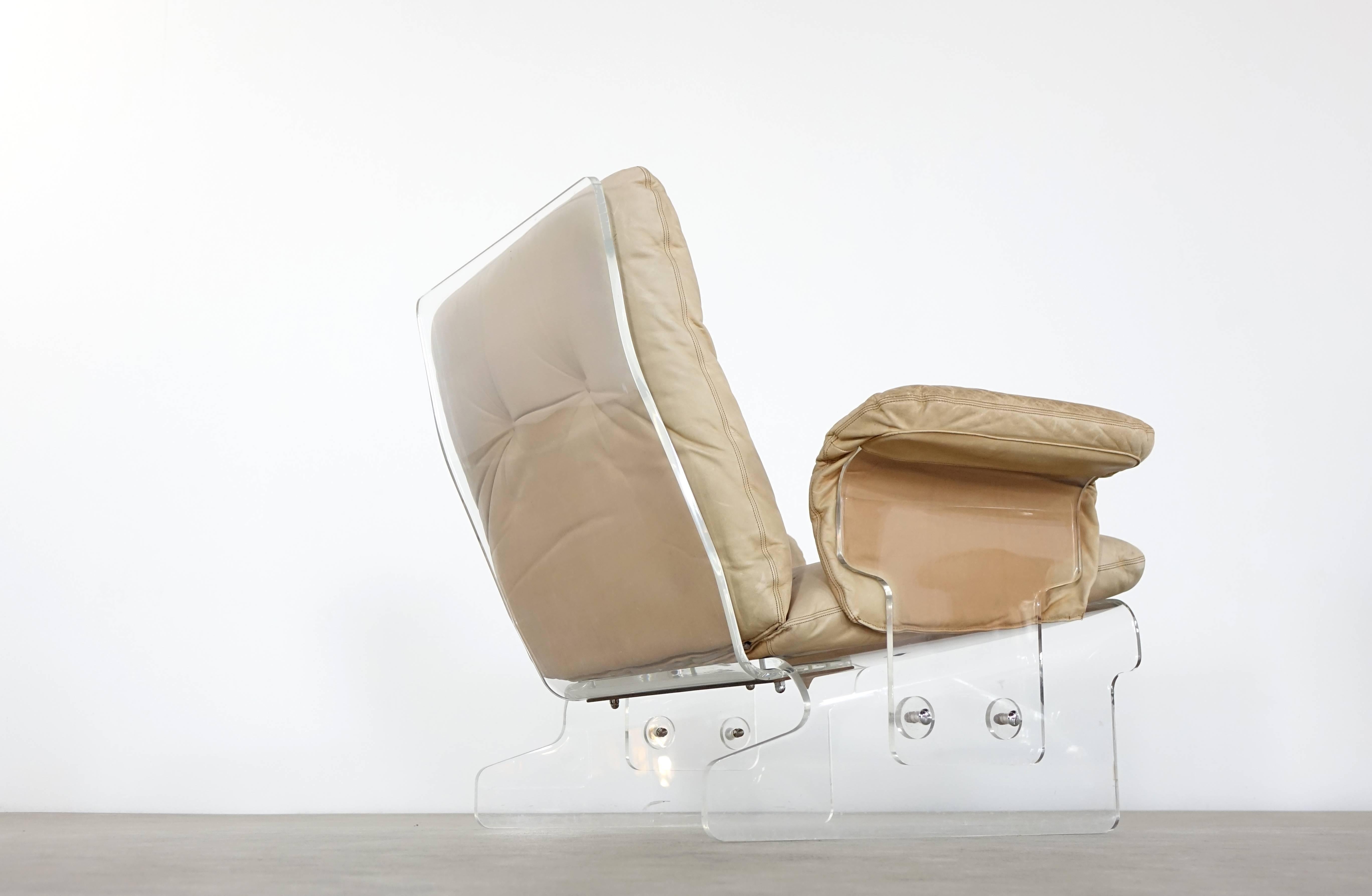 Mid-20th Century Two Lucite Baumann Lounge Chair, Sleigh System 1966, Leather Padded Acrylic