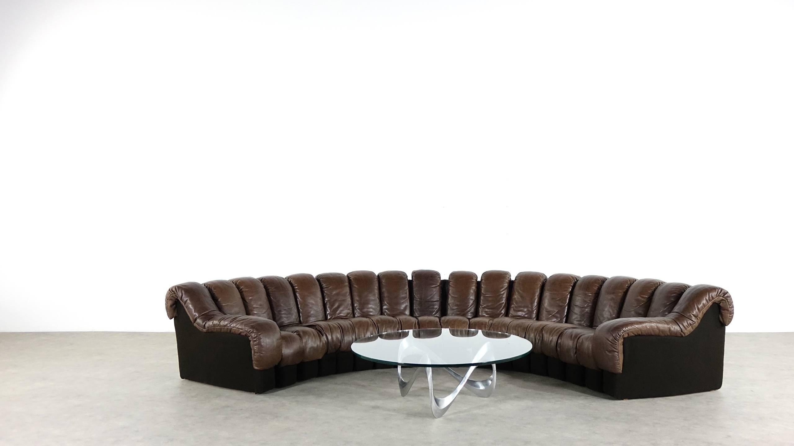 Swiss De Sede Ds 600 Sofa by Ueli Berger and Riva 1972, Chocolate Leather 18 Elements