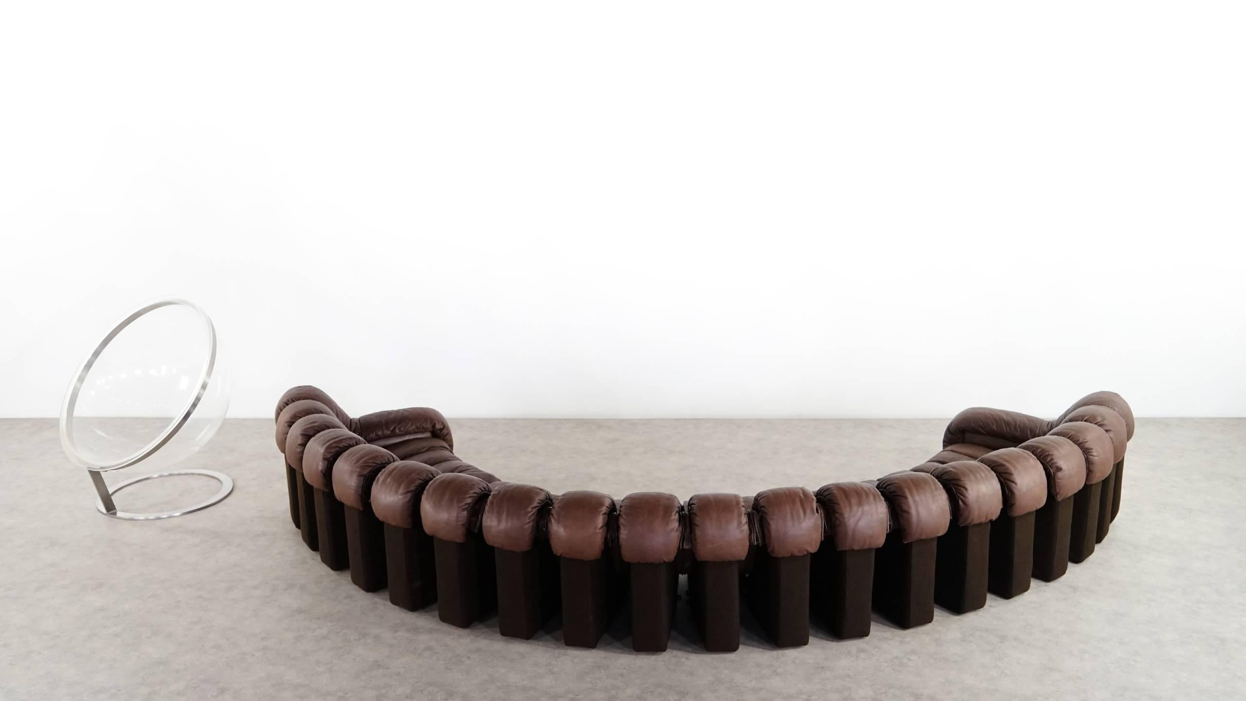Swiss De Sede Ds 600 Sofa by Ueli Berger and Riva 1972, Chocolate Leather 20 Elements