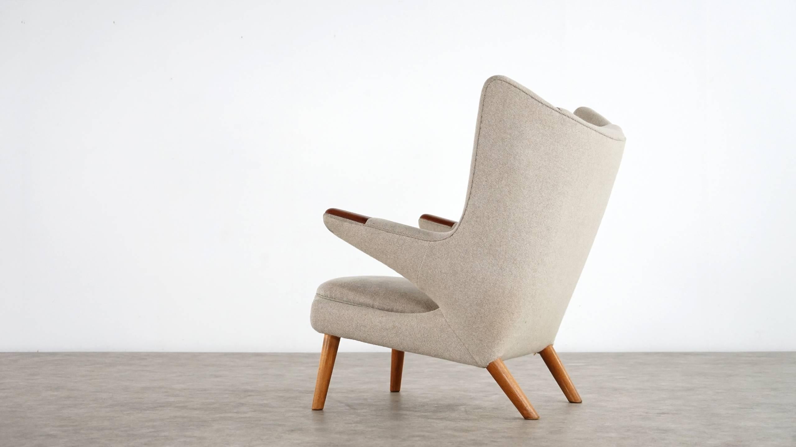 Hans J.Wegner easy chair by AP Stolen

Bamsestol (Bear chair) - known as Papa Bear chair. Measures: Height 90 cm x width 101 cm x depth 95 cm. Seat: 42 cm arm: 65 cm

Designed by Hans J.Wegner in 1951 and produced by AP Stolen as AP90.

Later