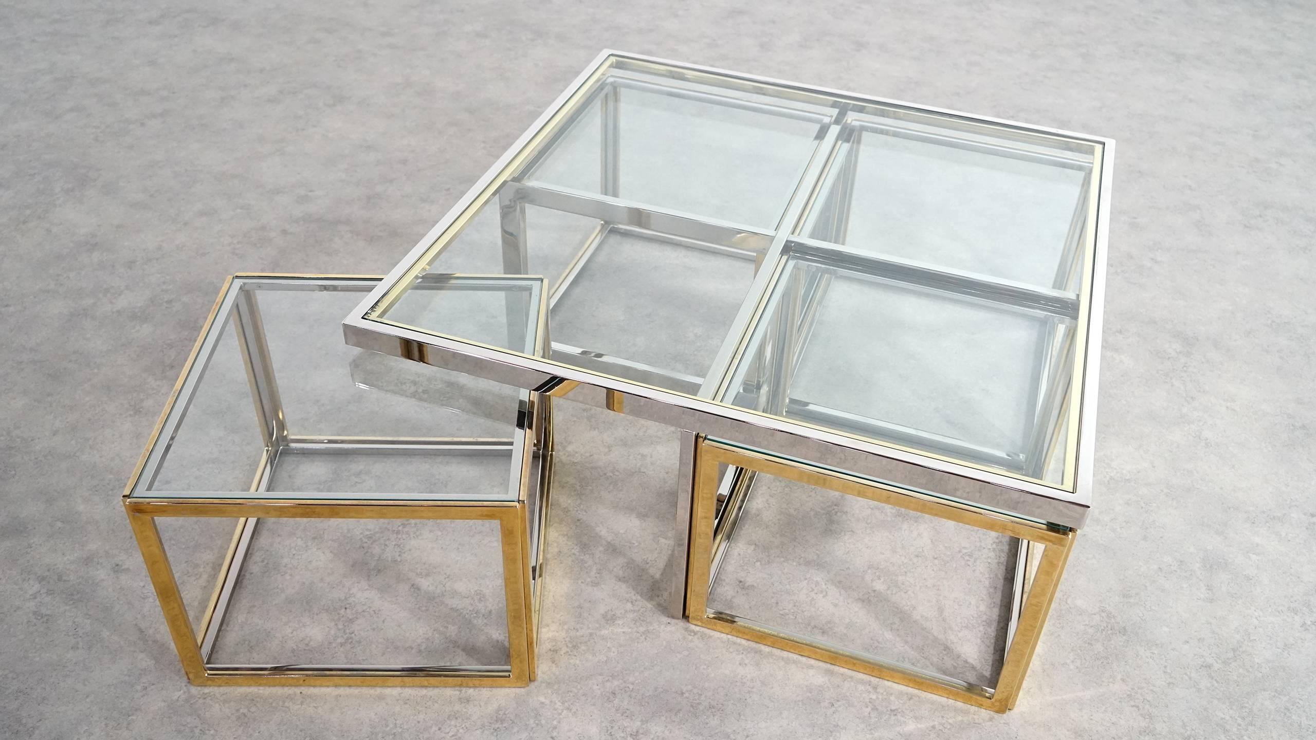 Maison Charles, Huge Coffee Table Chrome and Brass, Four Nesting Tables, Bicolor 1