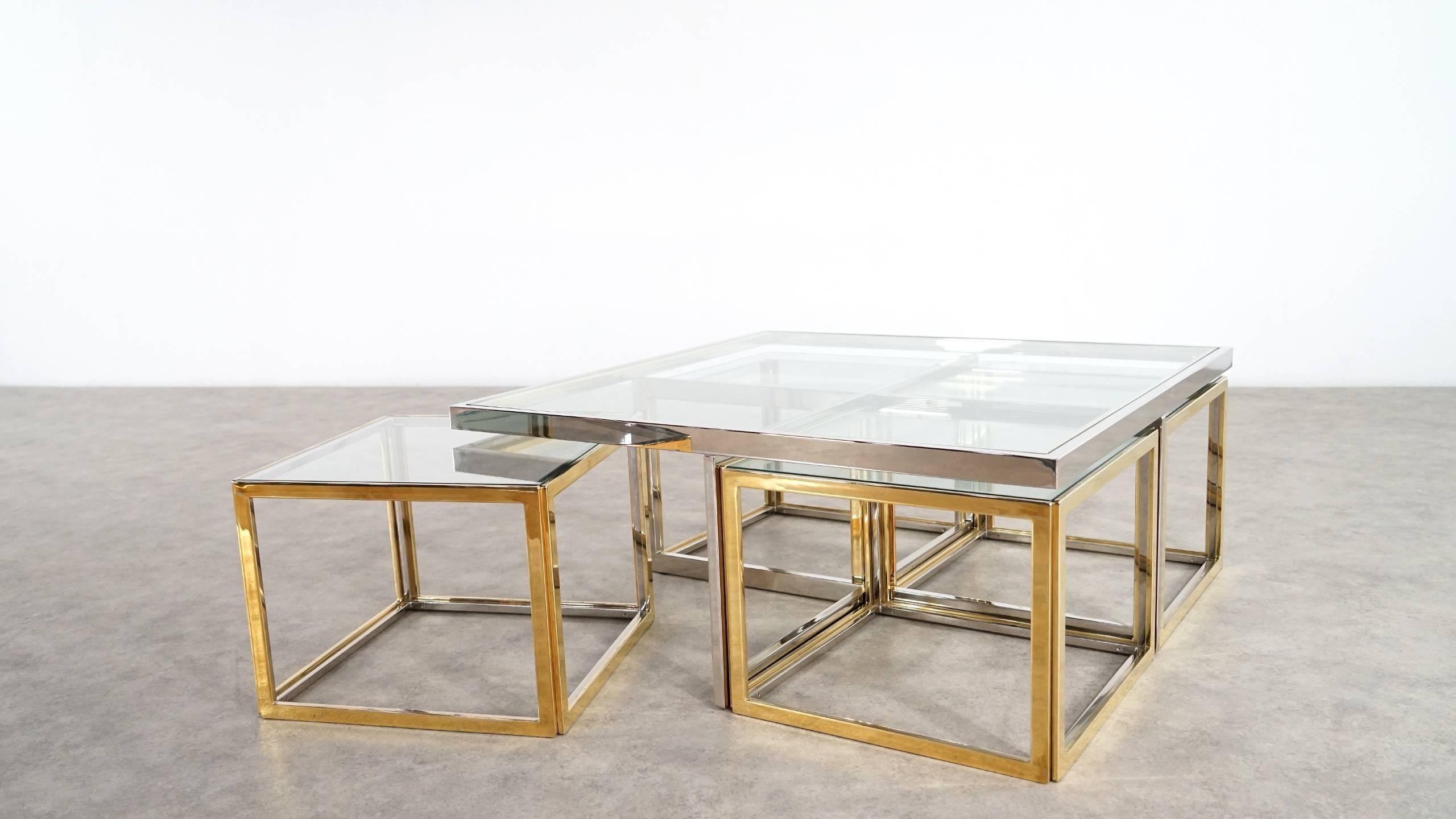 Mid-Century Modern Maison Charles, Huge Coffee Table Chrome and Brass, Four Nesting Tables, Bicolor