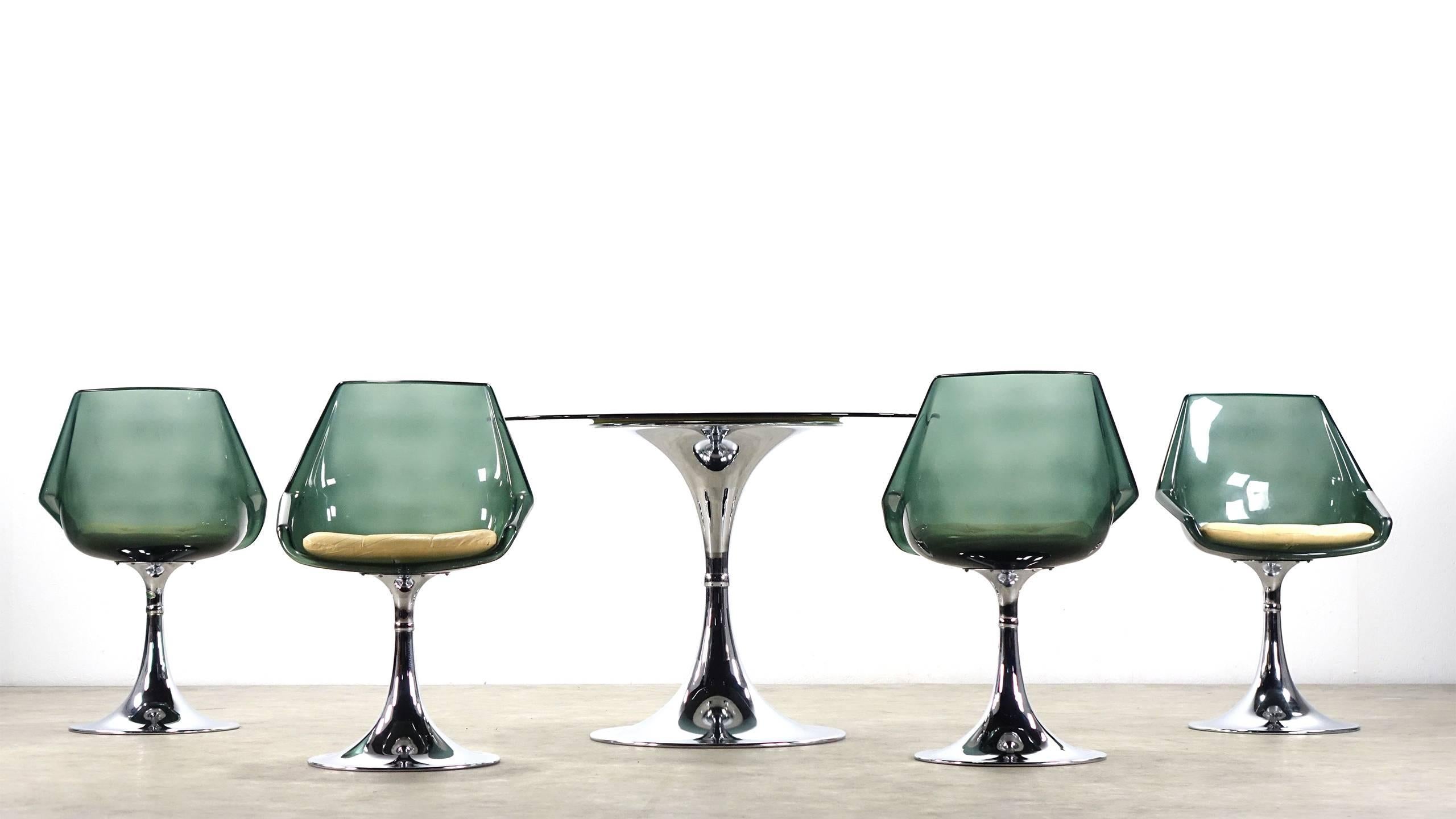 French Unique Lucite Tulip Seating Group from France Chrome Green