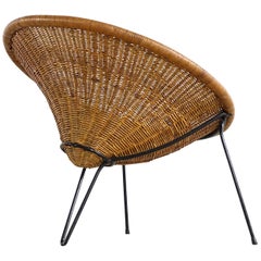 Dreibein-Rattan-Loungesessel, Roberto Mango zugeschrieben, Italien, 1952