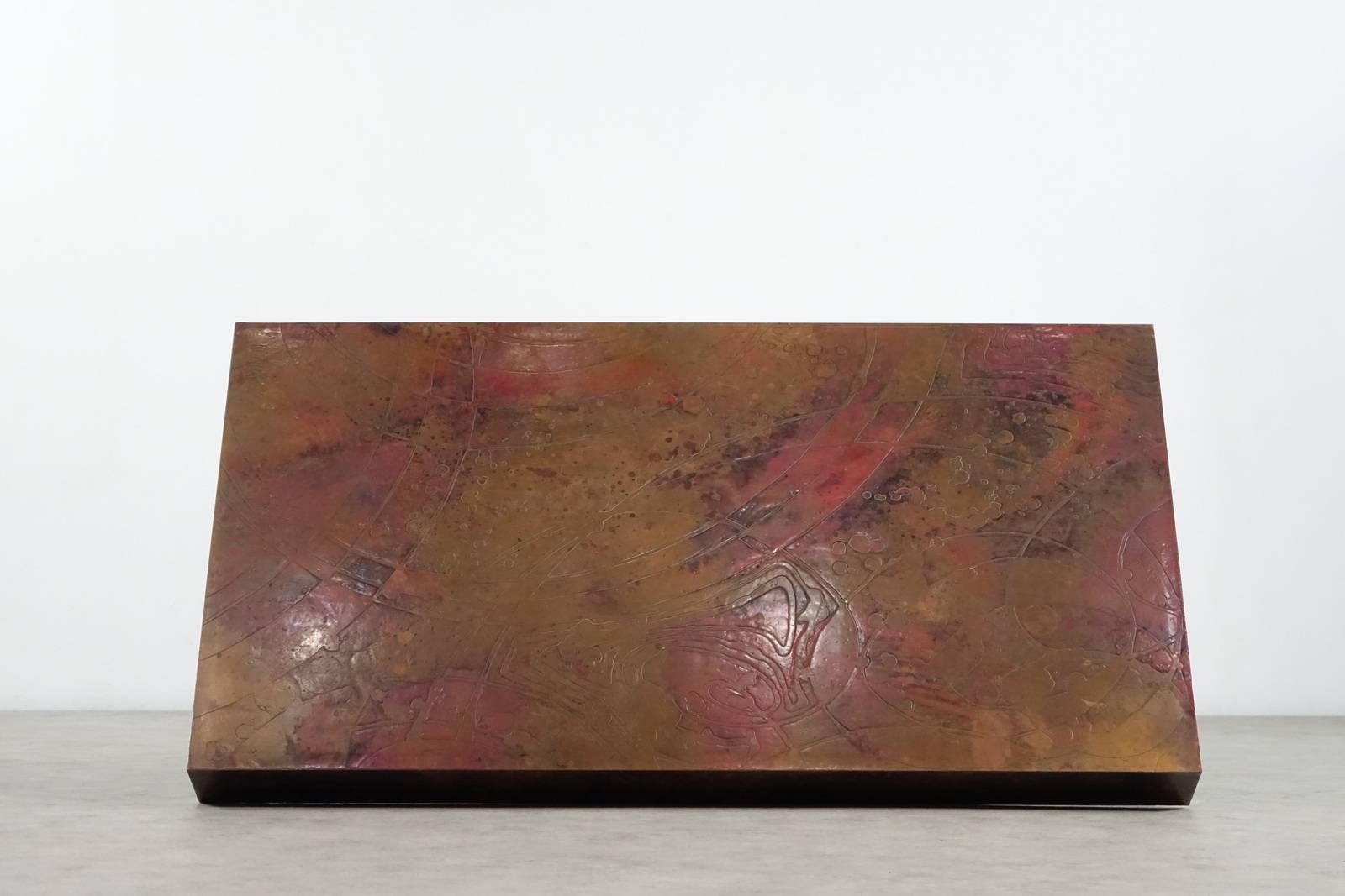 Mid-Century Modern Etched Copper Coffee Table Signed circa 1970 in the Style of Bernhard Rohne