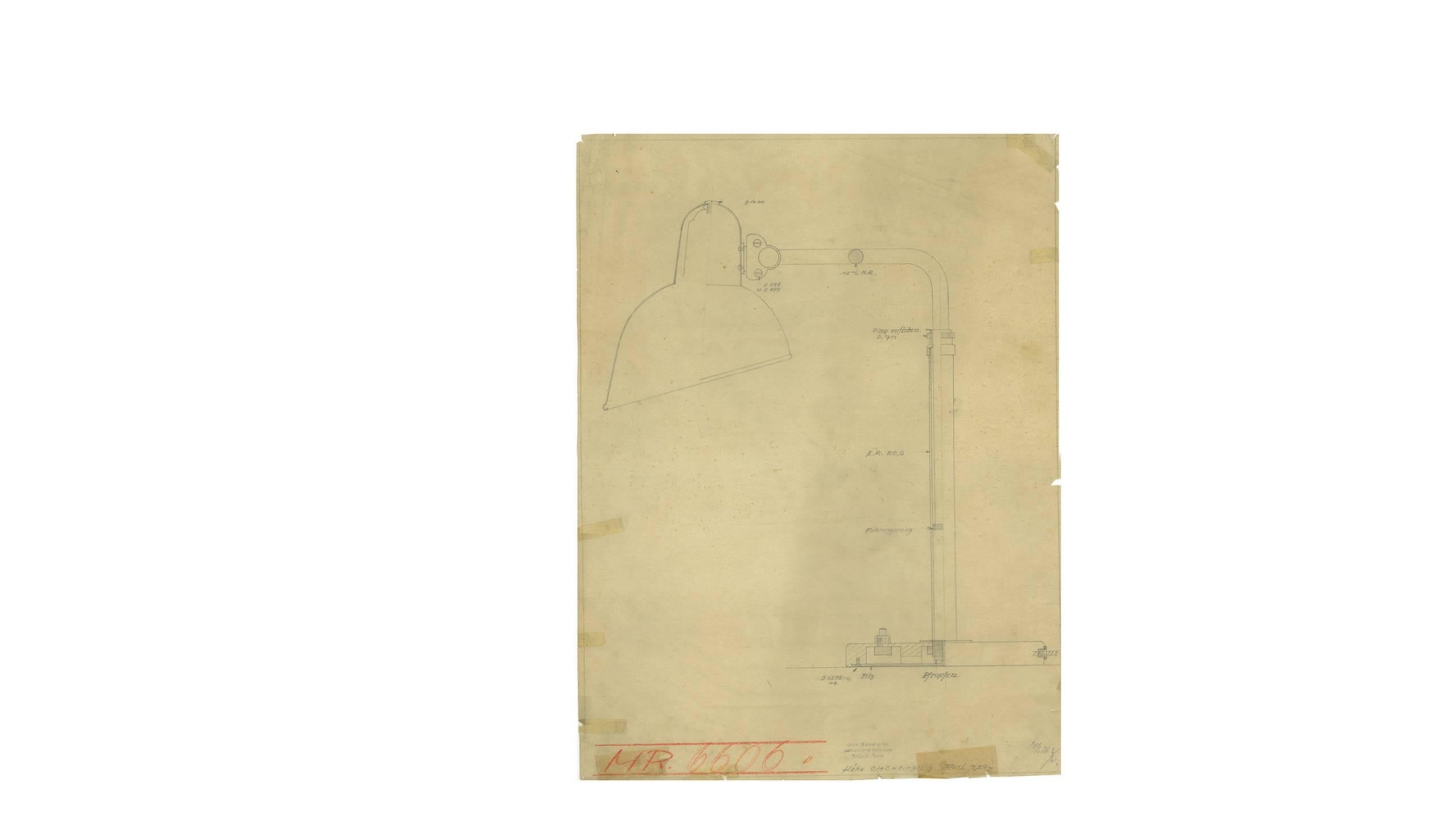Druck der Originalzeichnung der Originalzeichnung von Christian Dell für Kaiser Idell, Bauhaus-Lampe (Frühes 20. Jahrhundert)