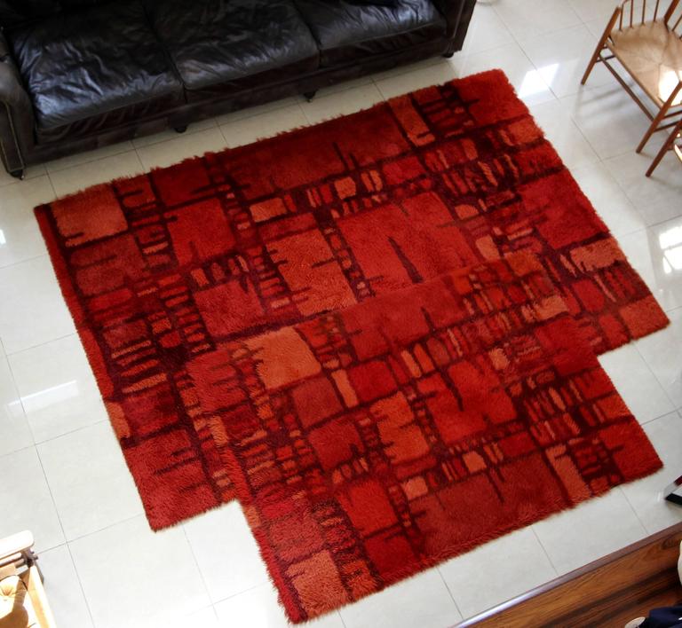 Huge Swedish Mid Century Red Rya Rug For Sale at 1stDibs