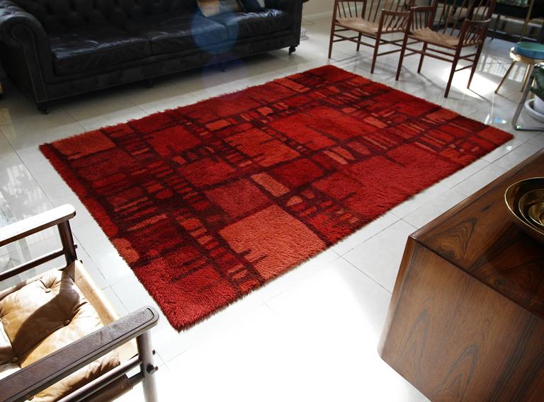 Huge Swedish Mid Century Red Rya Rug For Sale at 1stDibs