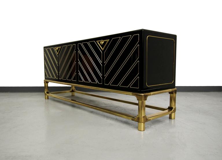 Mid Century Mastercraft Black Lacquer And Brass Credenza Buffet At
