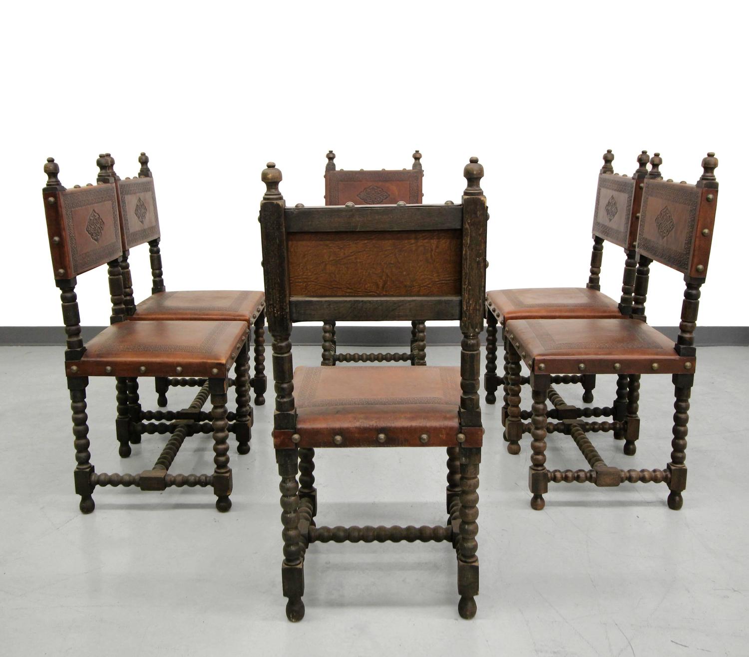 Set of Six Antique Spanish Colonial Stamped Leather Dining Chairs For