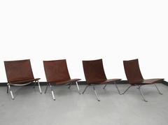 Set of Four Vintage Leather and Steel Slipper Sling Lounge Chairs