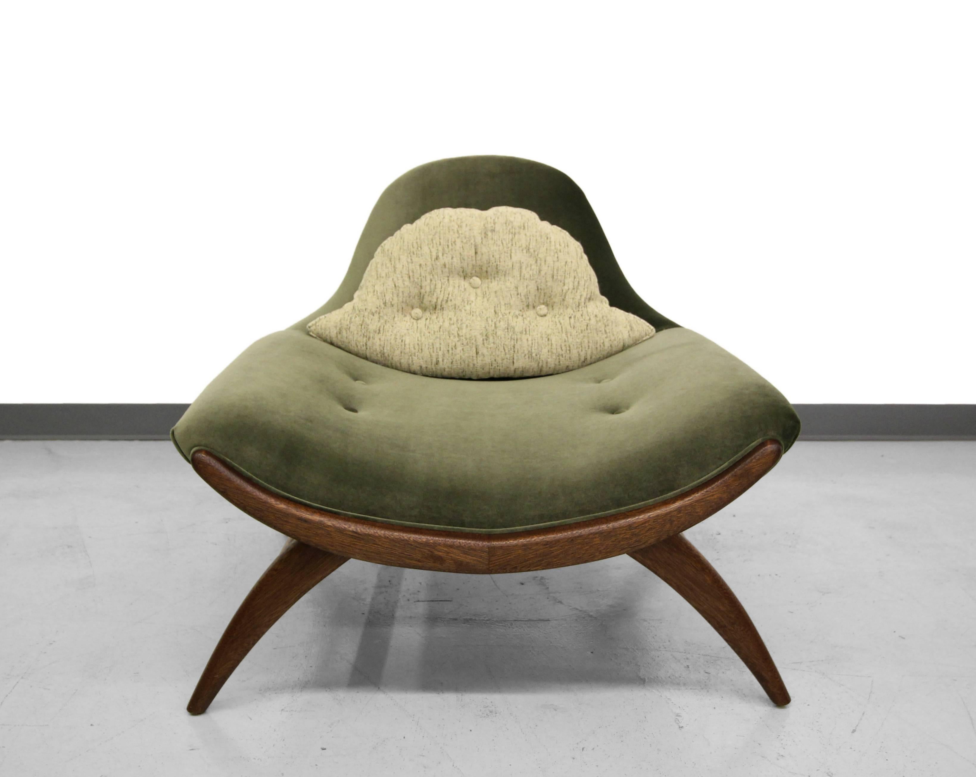 Perfect Mid-Century Gondola chair. Amazing lines and details make it a real show stopper. Supported by a perfectly sculpted walnut tone base that perfectly compliments it's new, gorgeous dark sage velvet and removable pillow in shades of cream and