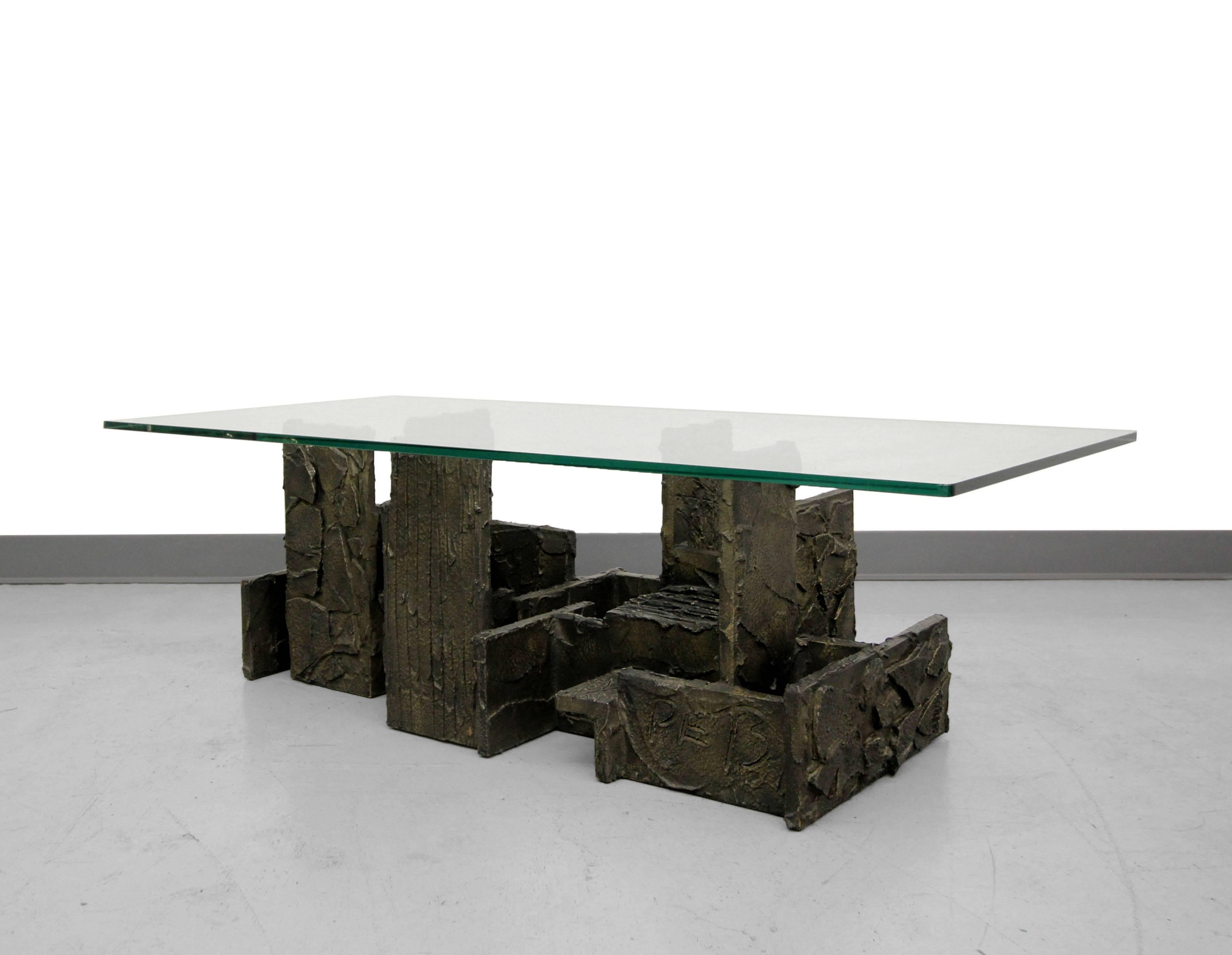 Authentic sculpted bronze Brutalist coffee table by Paul Evans for Directional, signed and dated PE '73.

Part of the Sculpted Bronze Series, this table is part of one of the most highly collected of all the Evans series.

A perfect example of