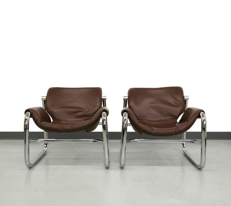 Pair Of Chrome And Leather Alpha Lounge Chairs By Maurice Burke For Pozza