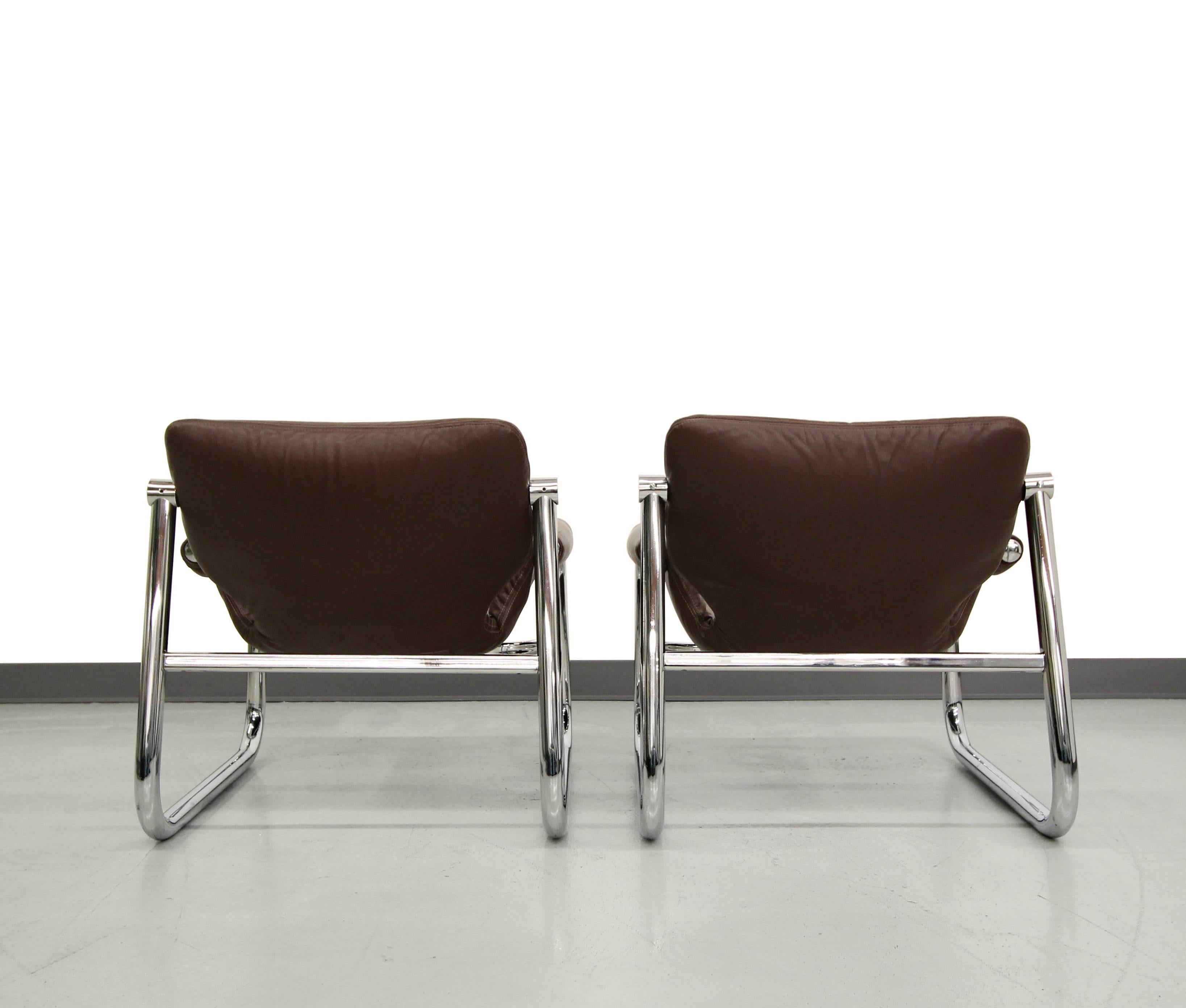 Pair of Chrome and Leather Alpha Lounge Chairs by Maurice Burke for Pozza In Excellent Condition In Las Vegas, NV