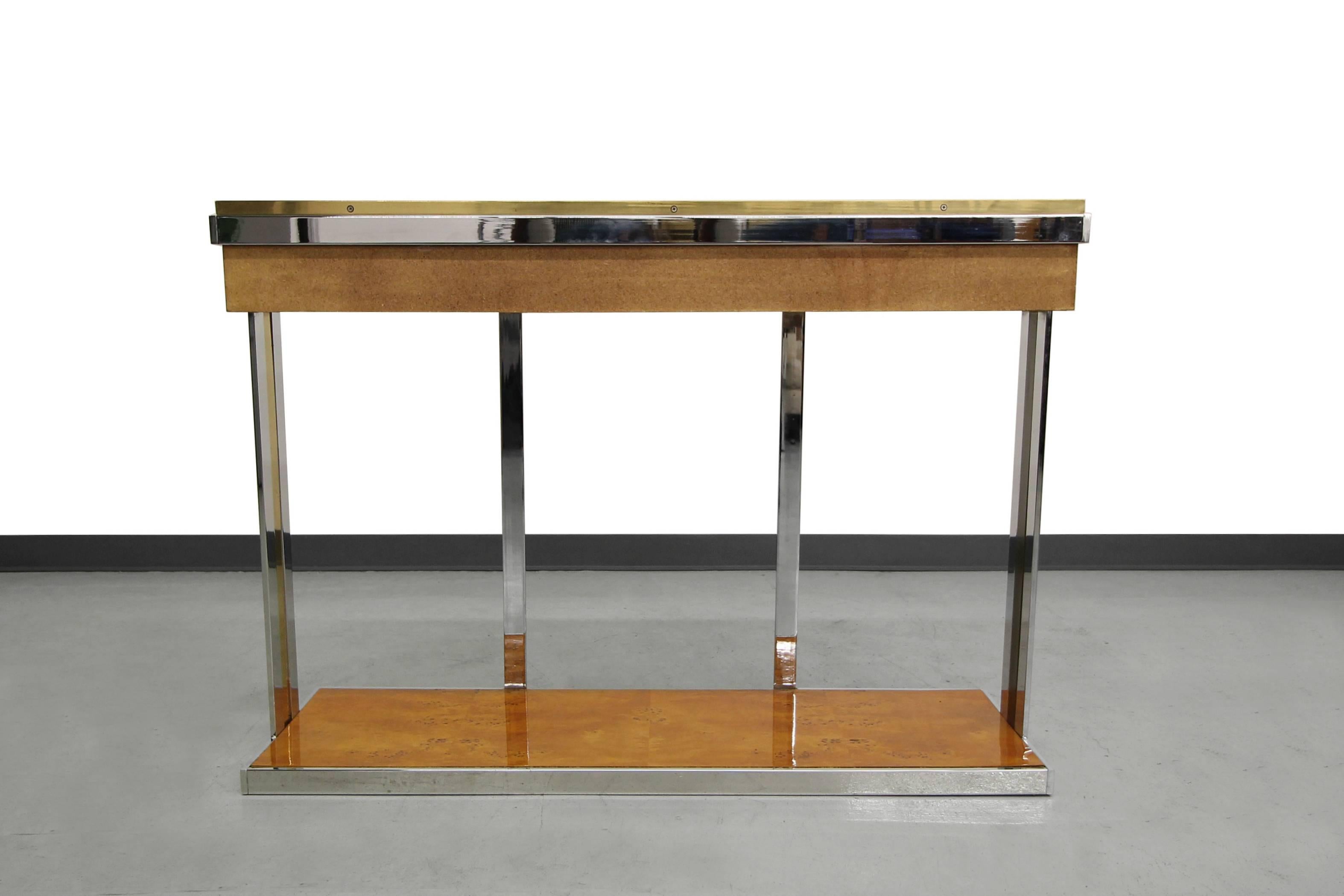 Italian Burl Wood Brass and Chrome Console by Willy Rizzo 2