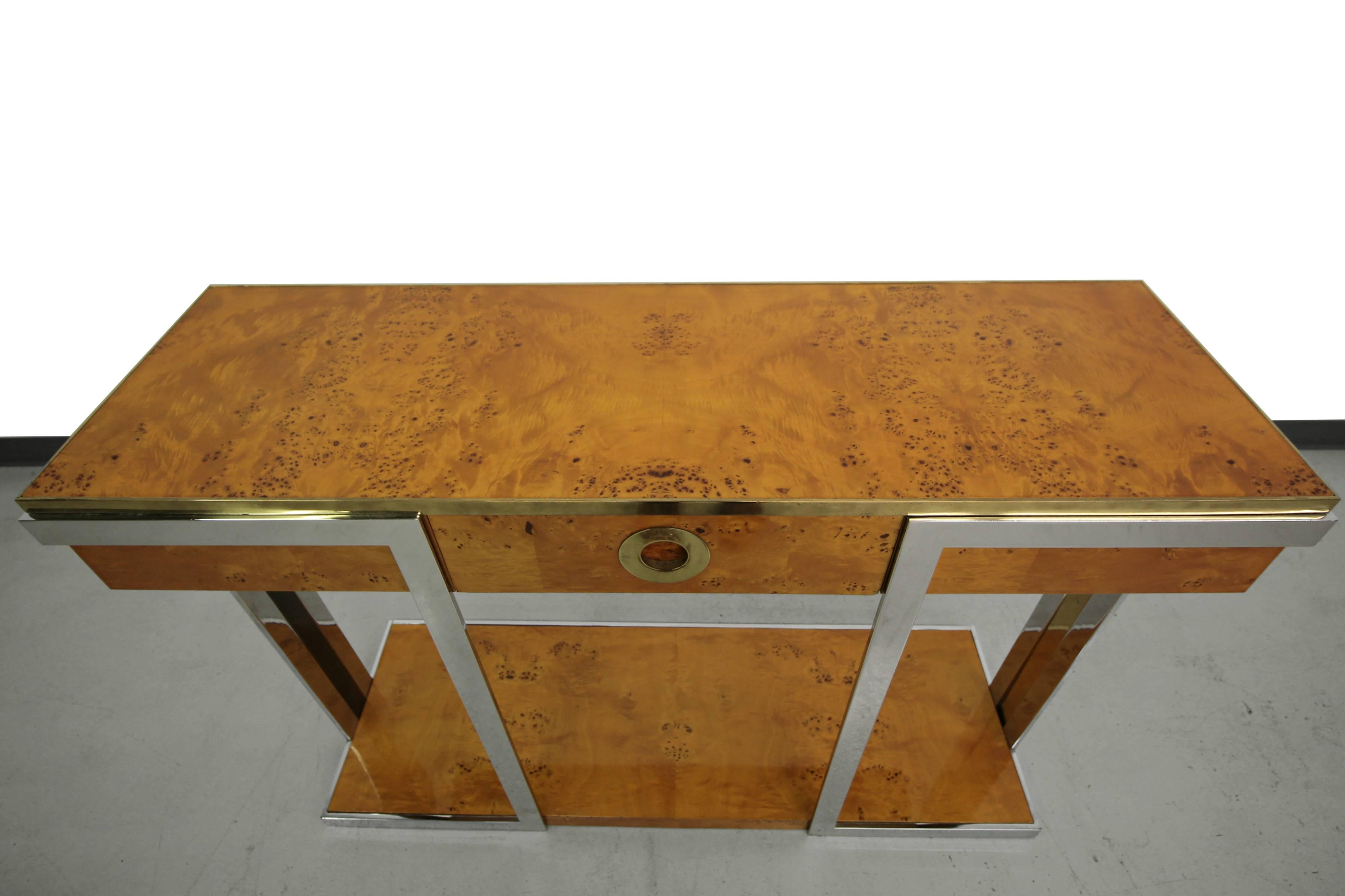 Mid-Century Modern Italian Burl Wood Brass and Chrome Console by Willy Rizzo