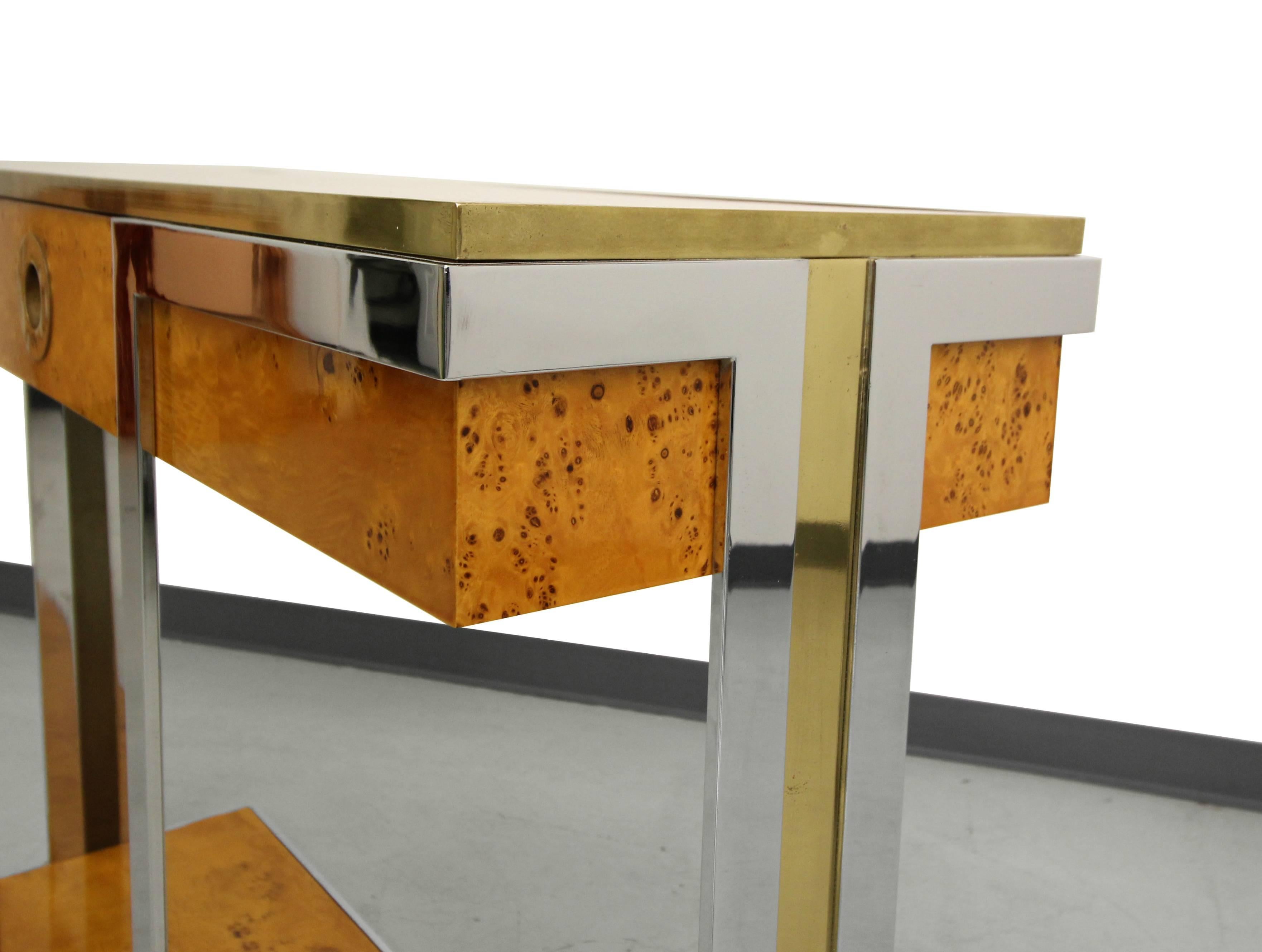 20th Century Italian Burl Wood Brass and Chrome Console by Willy Rizzo