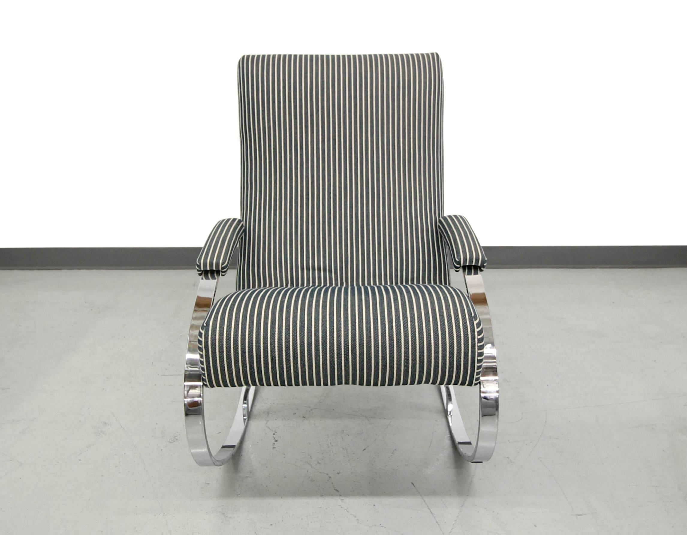 Chrome rocking chair by Milo Baughman. Perfect lounge or nursery chair. Classic modern style, great in any room. 

We reupholstered the chair with all new foam and fabric and the chrome shows little to no wear or patina.