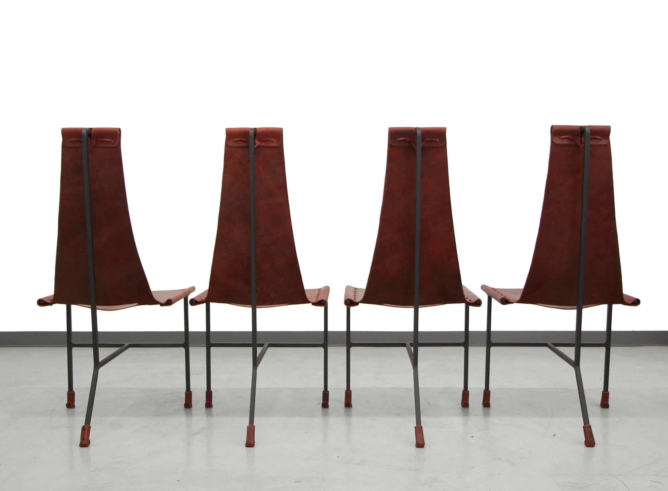 Mid-Century Modern Set of Four Custom Latigo Leather and Steel Dining Chairs by Daniel Wenger