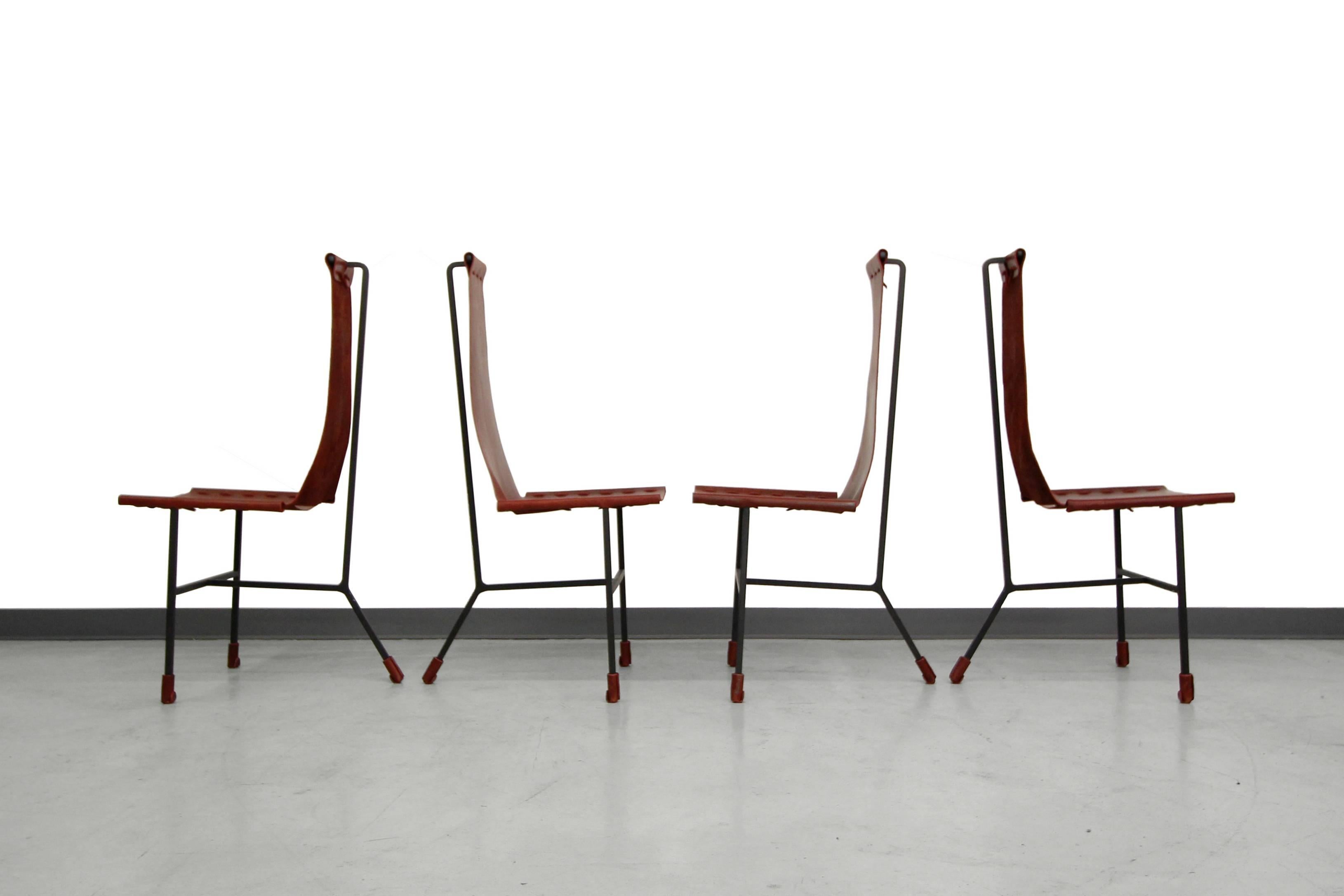 Set of Four Custom Latigo Leather and Steel Dining Chairs by Daniel Wenger In Excellent Condition In Las Vegas, NV