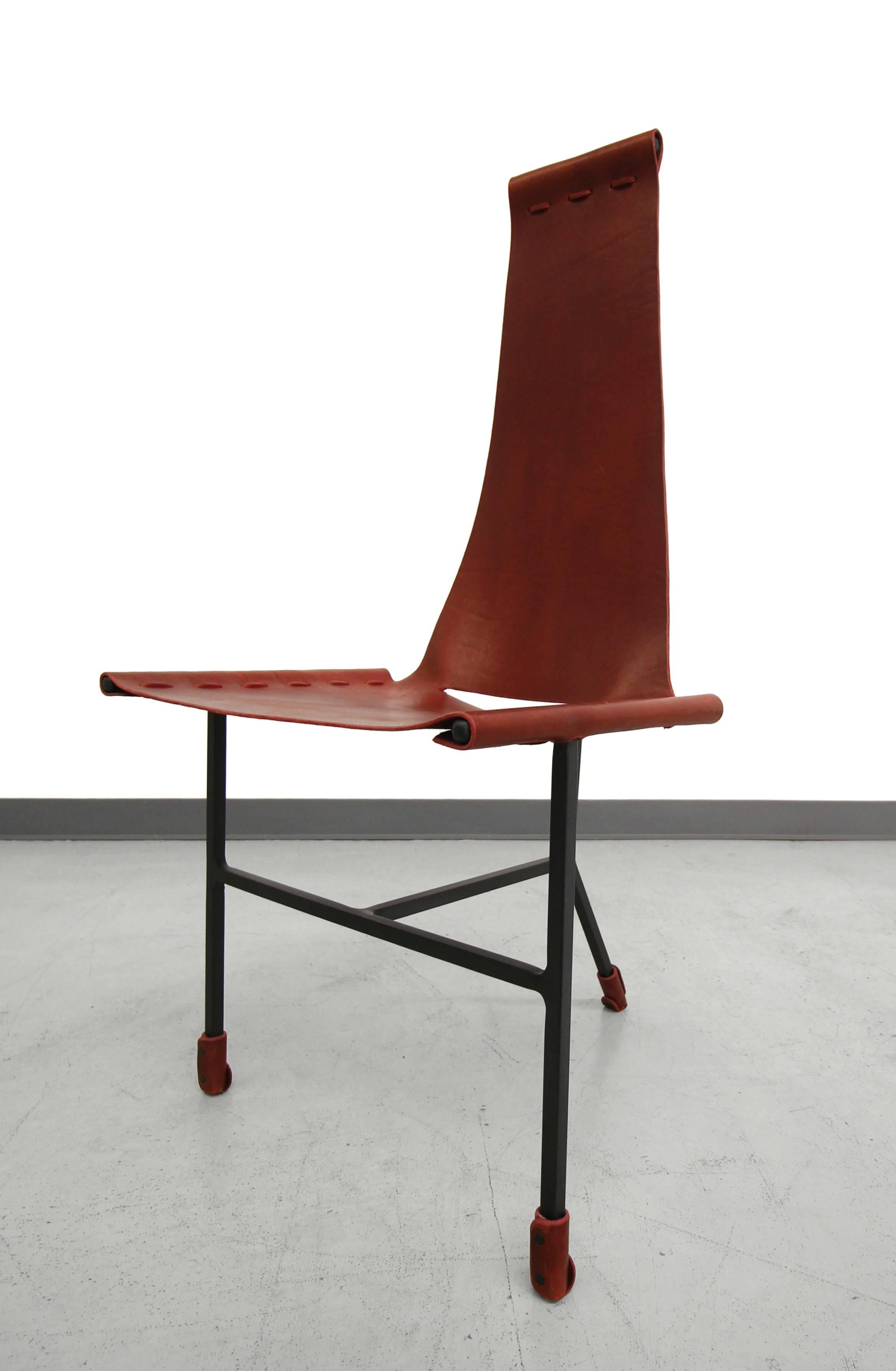 Contemporary Set of Four Custom Latigo Leather and Steel Dining Chairs by Daniel Wenger