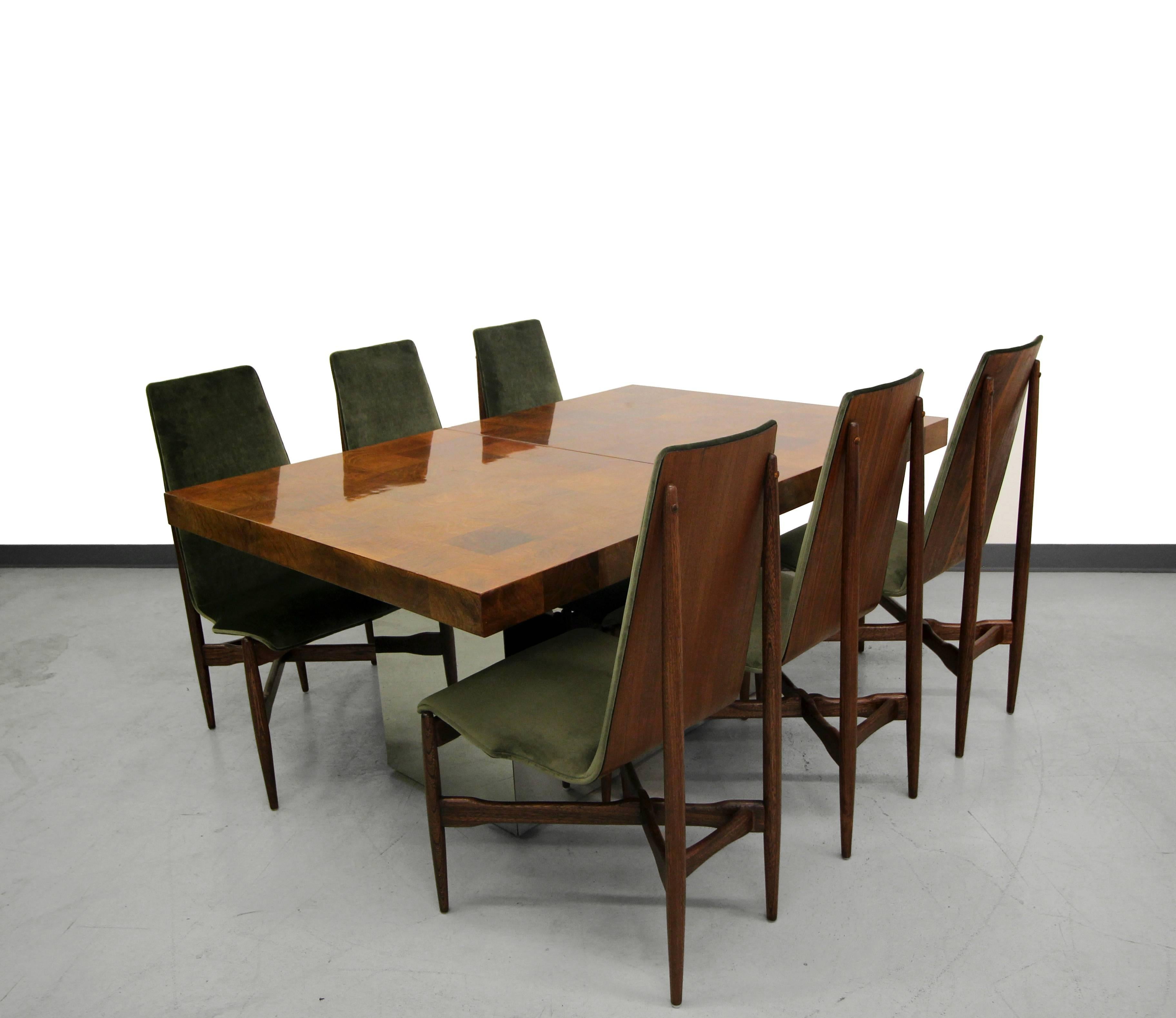 Huge Mid Century Burl Patchwork and Chrome Dining Table by Milo Baughman In Excellent Condition In Las Vegas, NV