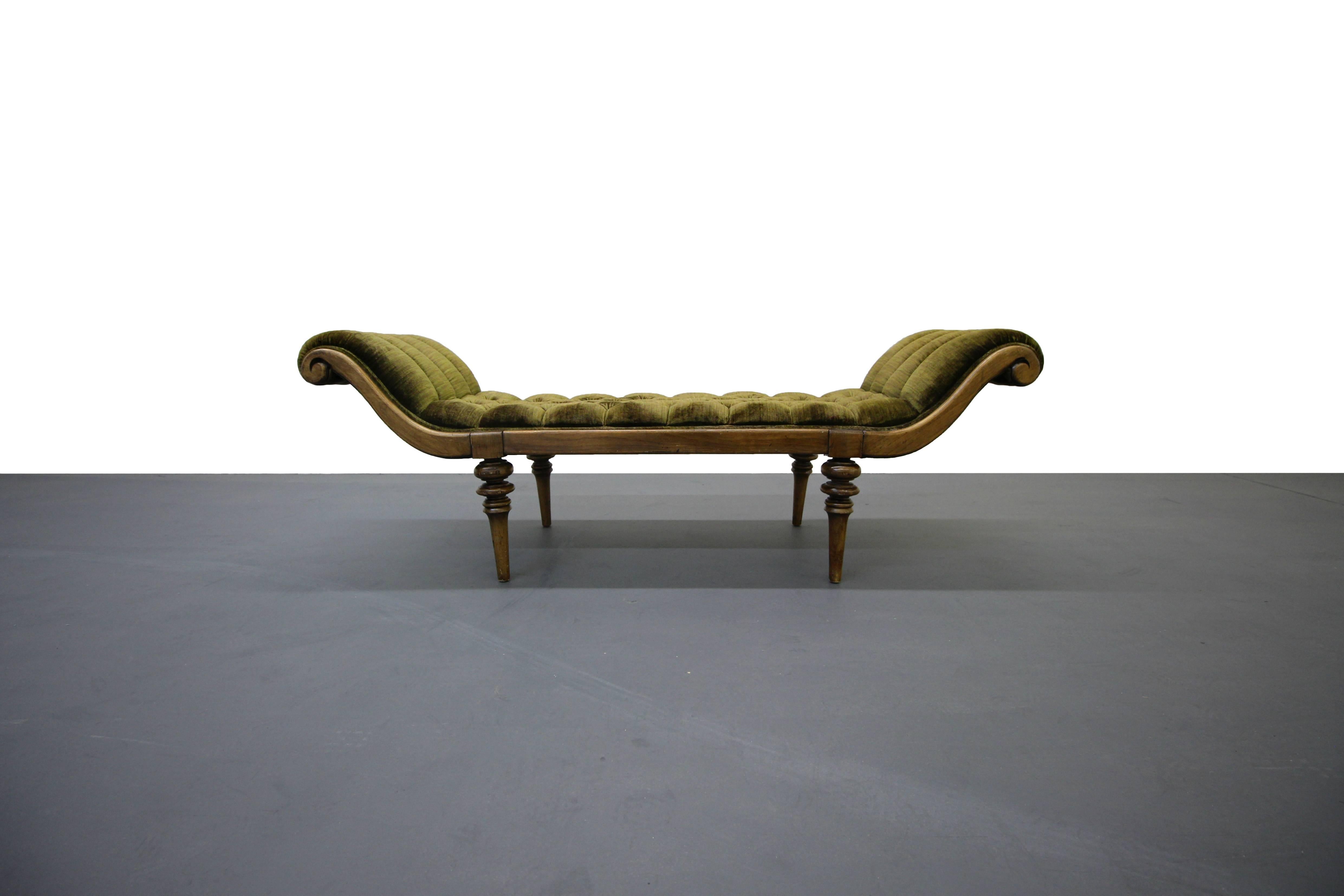 Beautiful antique vintage Provincial style bench in all original olive toned velvet. This bench is the perfect detailed accent piece to an eclectic living space. 

Bench shows age appropriate wear to velvet and wood, adding the perfect amount of