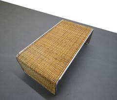 Mid-Century Woven Bamboo Ratan and Tubular Chrome Waterfall Coffee Table