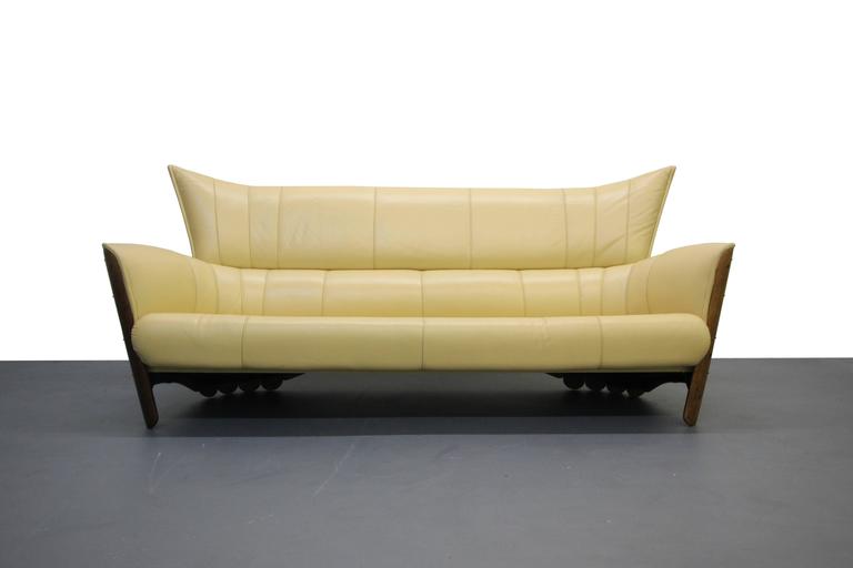pacific green moorea palm wood and leather sofa