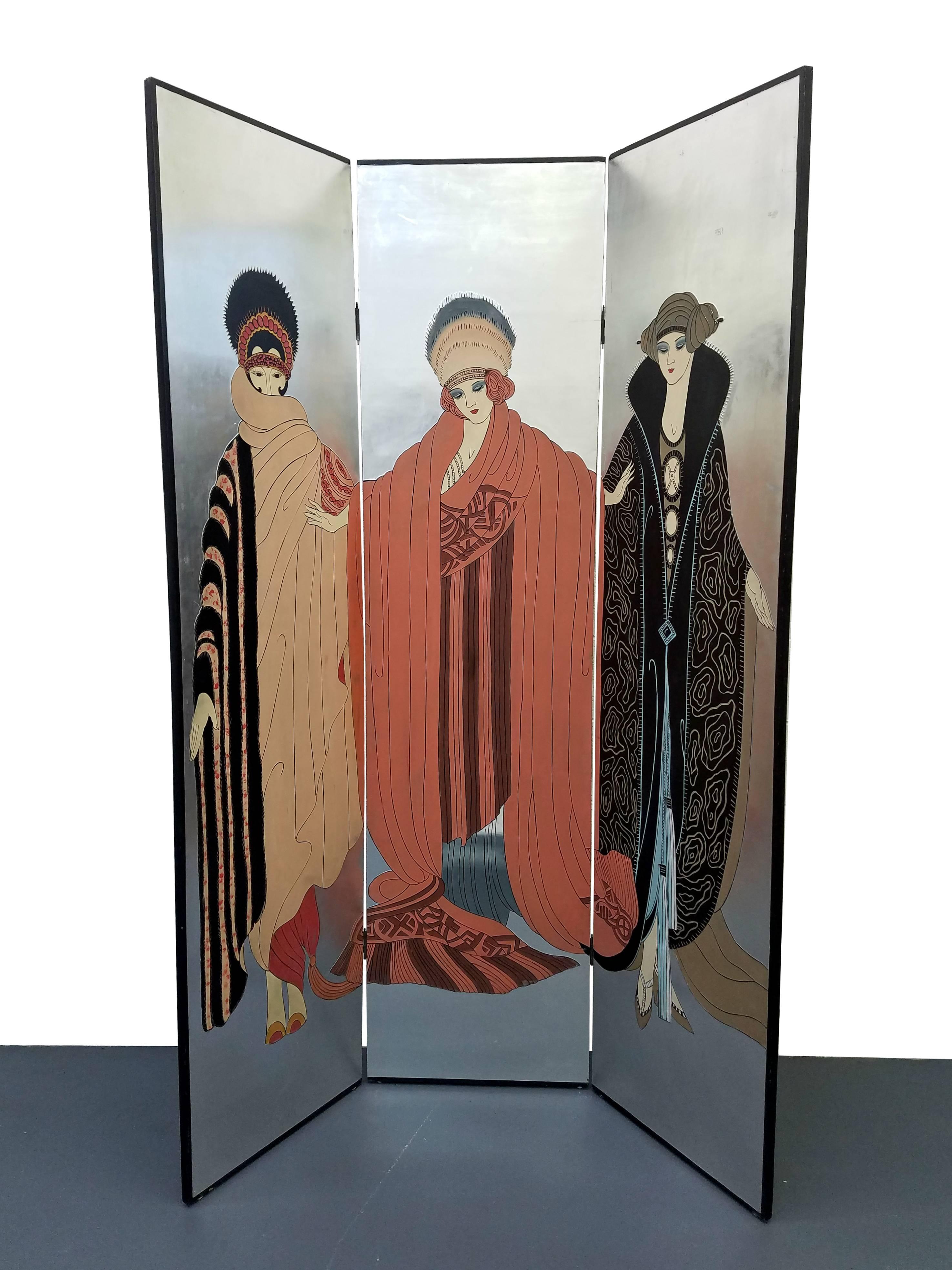 Authentic Art Deco three-panel screen room divider in the style of Erte. Screen features three panels adorned with Art Deco styled ladies on a gorgeous silver leaf background. Panels have a wonderful dimensional texture that creates depth and