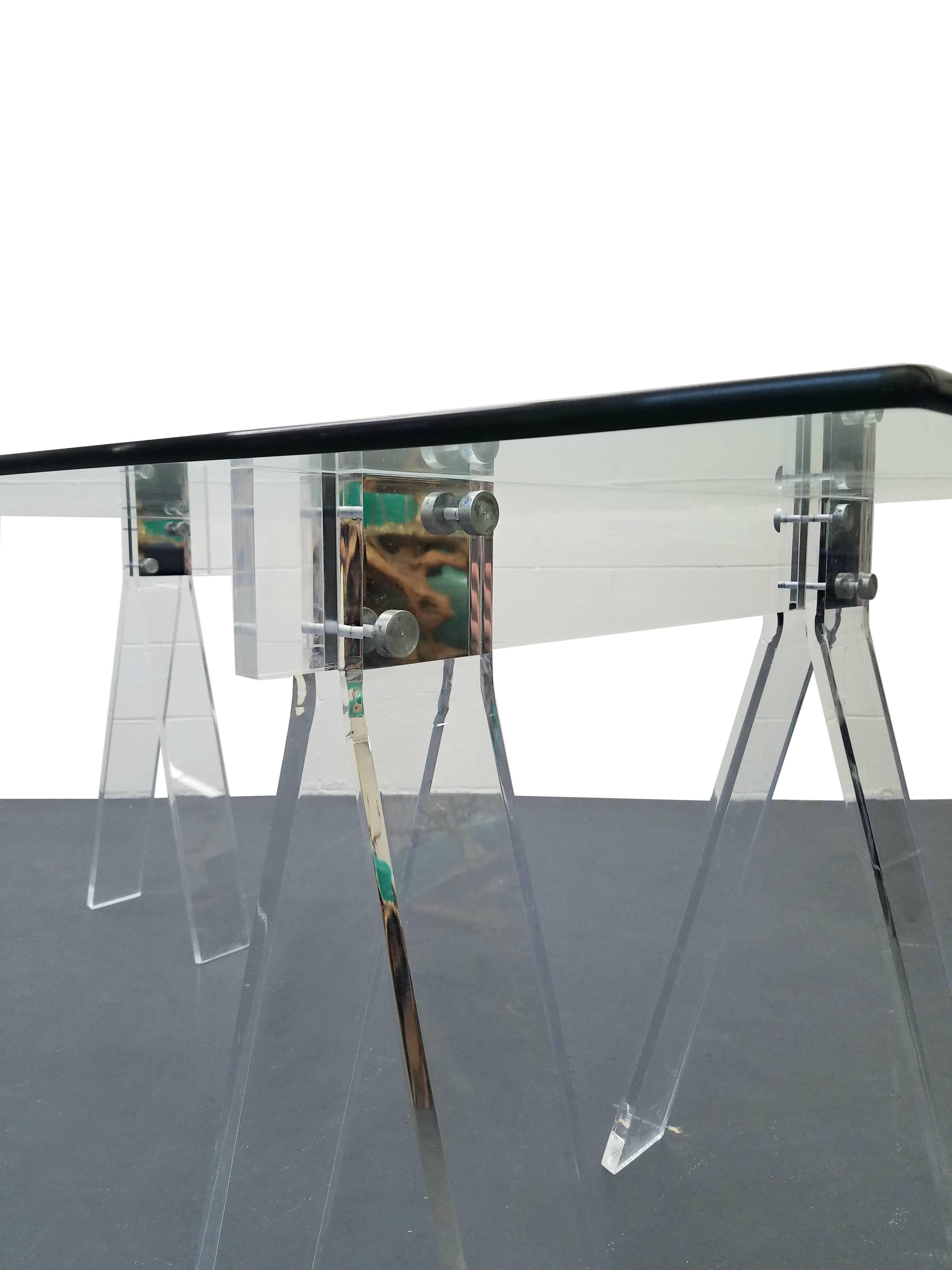 Regency Mid-Century Lucite and Chrome Saw Horse Desk Table with Boat Shaped Glass