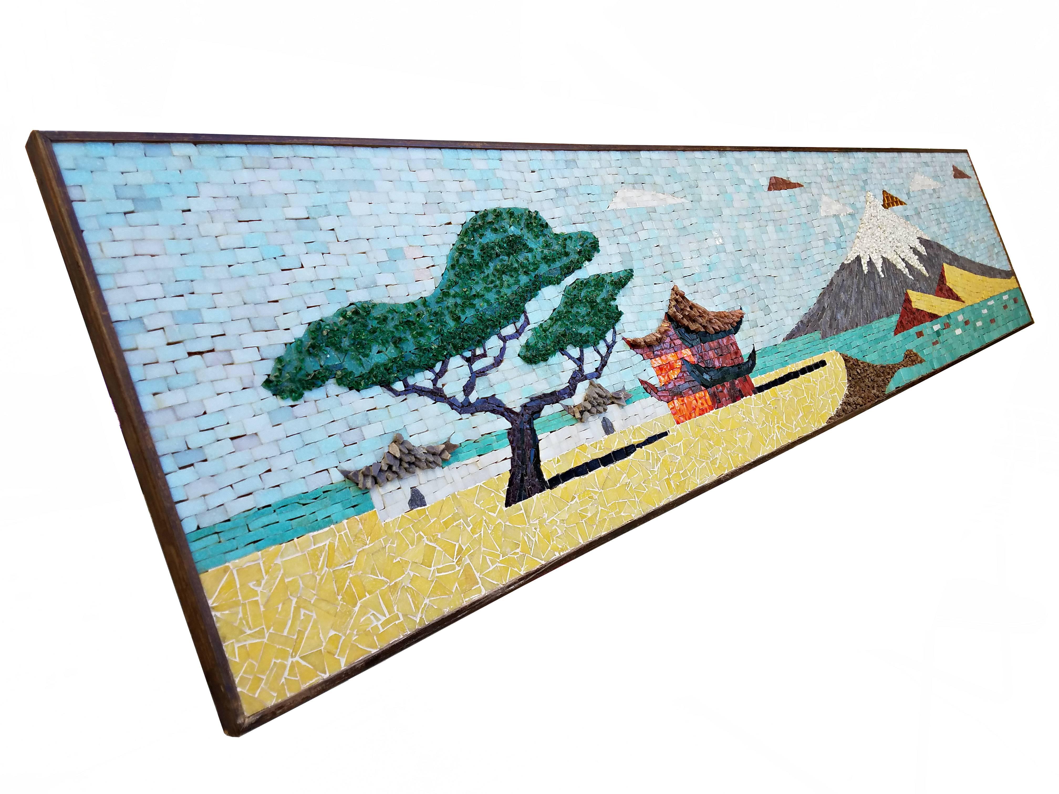 Gorgeous example of Mid-Century Mosaic. Art piece depicts Mt. Fuji volcano.

Similar in style to Evelyn Ackerman.
