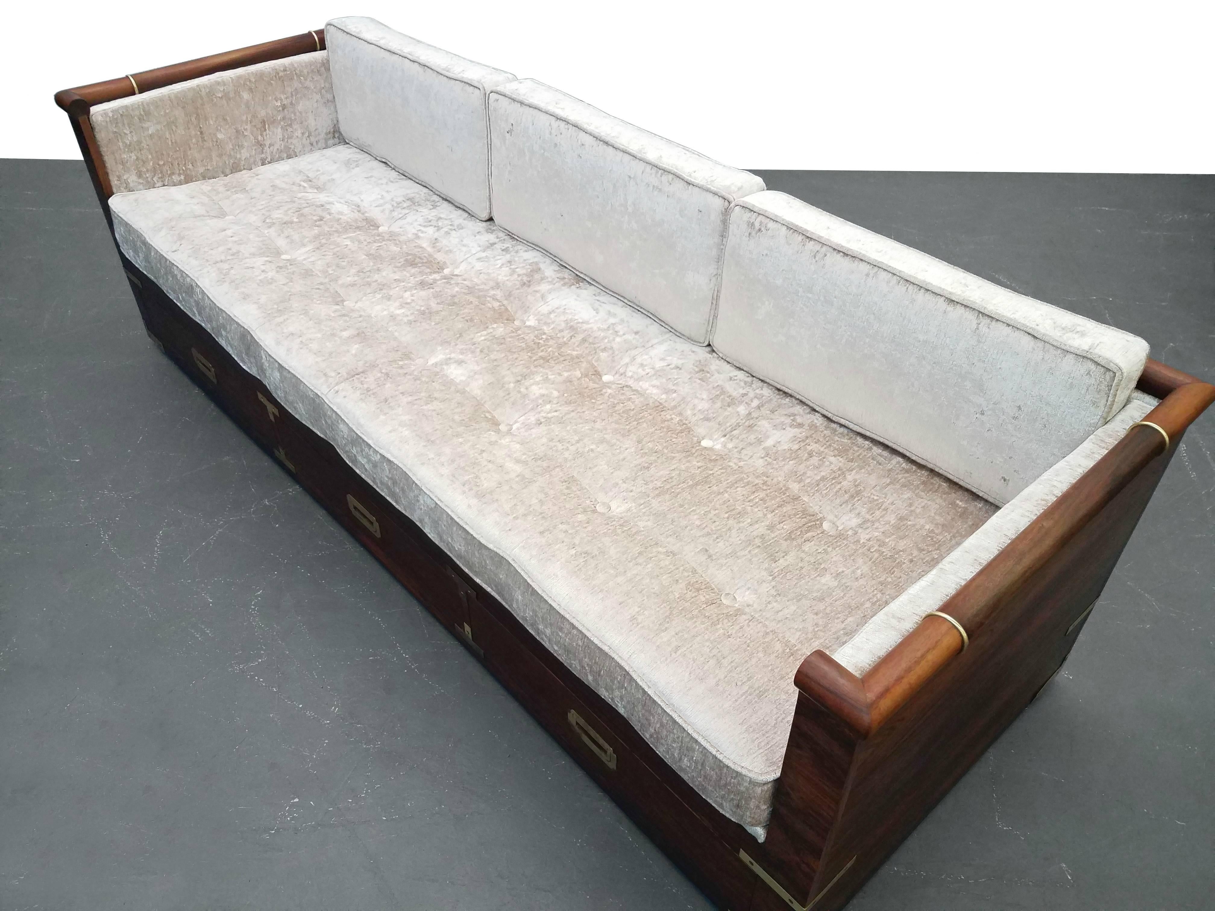 20th Century Mid-Century Rosewood Campaign Style Case Sofa with Brass Details