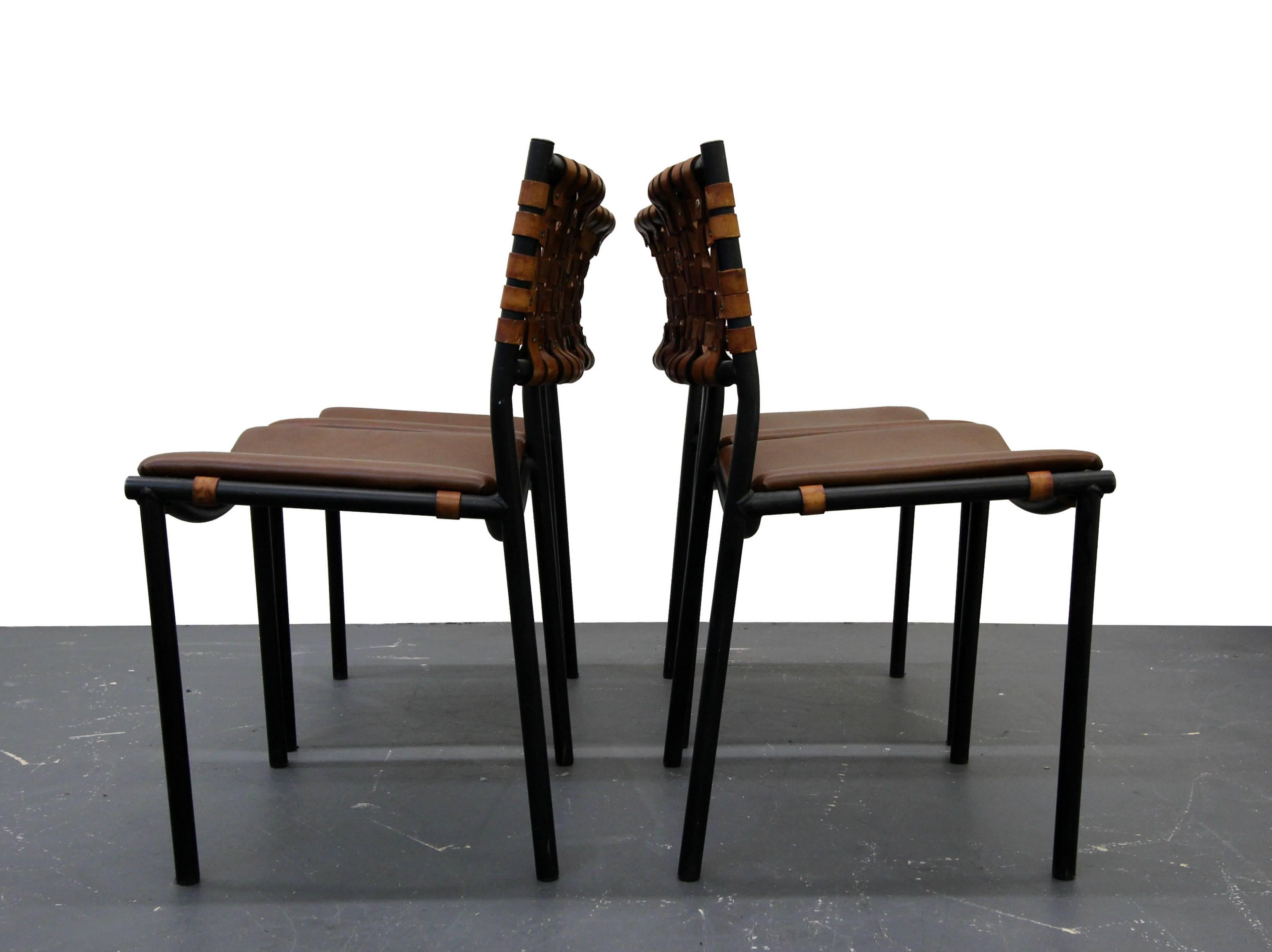 Set of For Mid-Century Industrial Woven Leather Dining Chairs by Arthur Umanoff In Excellent Condition In Las Vegas, NV