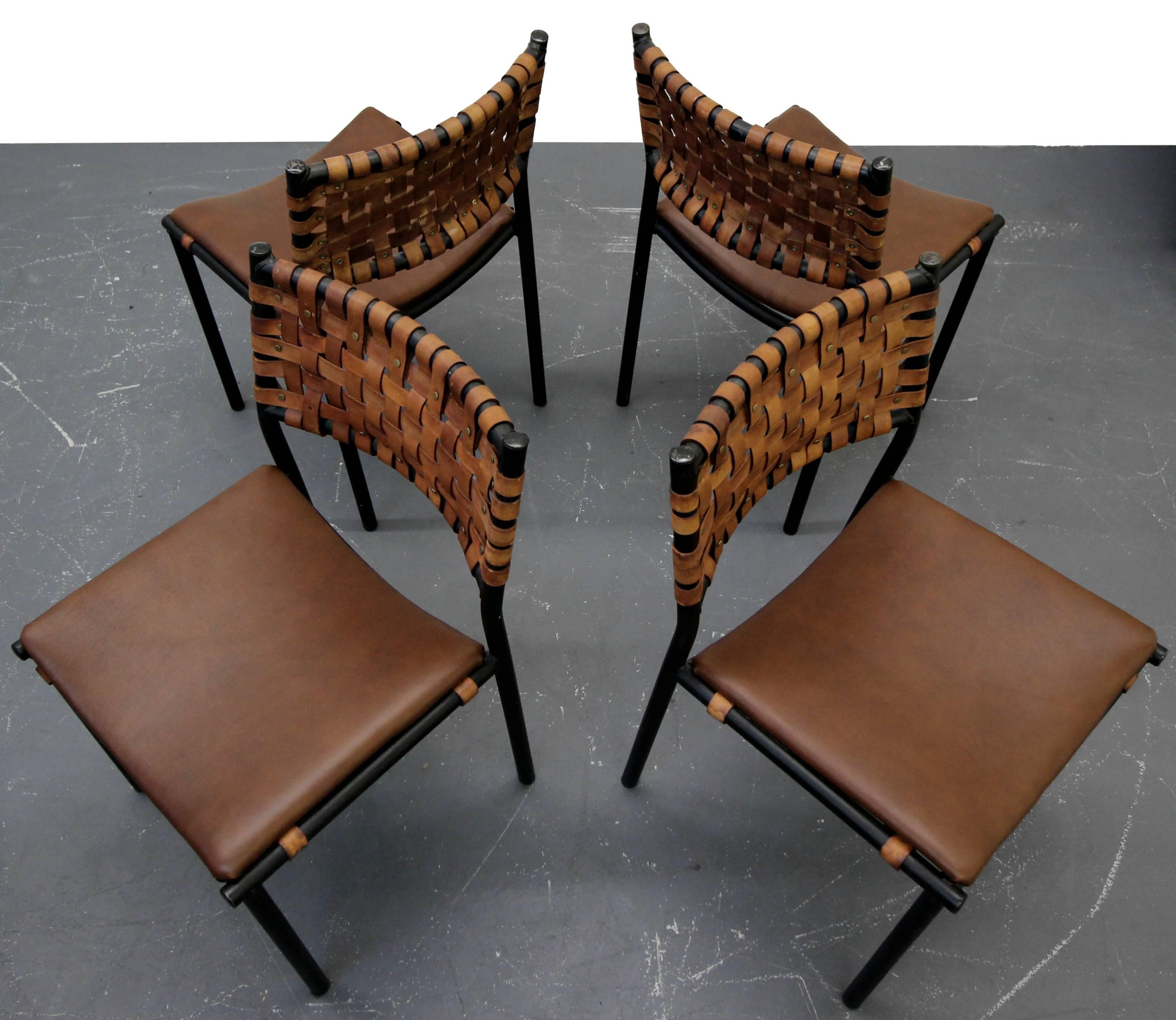 Mid-Century Modern Set of For Mid-Century Industrial Woven Leather Dining Chairs by Arthur Umanoff