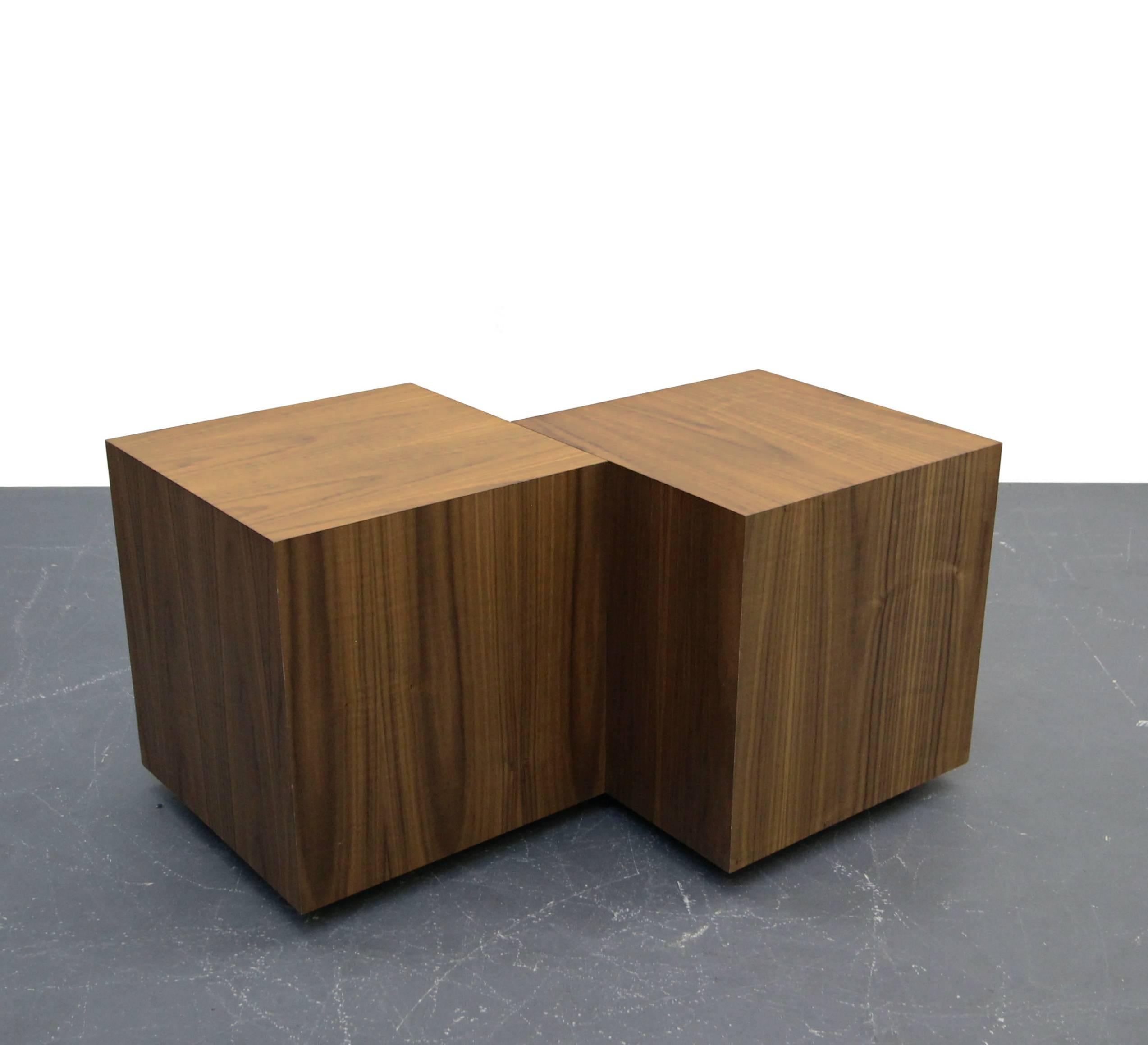Mid-Century Modern Pair of Mid-Century Walnut Plinth Base Cube Side Tables Stools