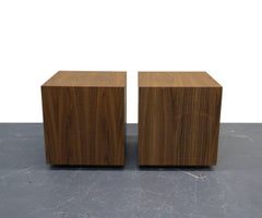 Pair of Mid-Century Walnut Plinth Base Cube Side Tables Stools