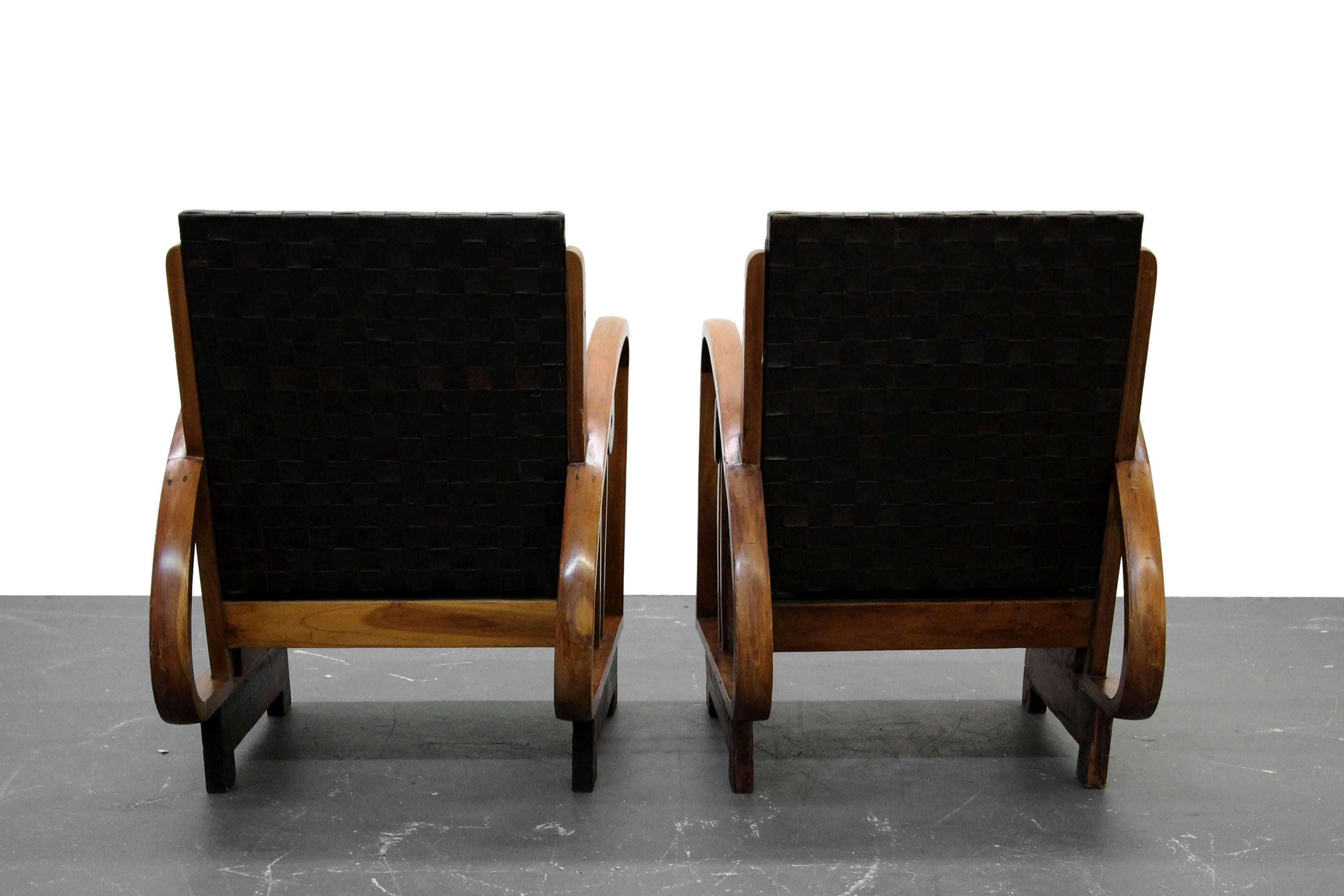 20th Century Pair of Antique French Art Deco Bentwood Lounge Chairs with Woven Leather